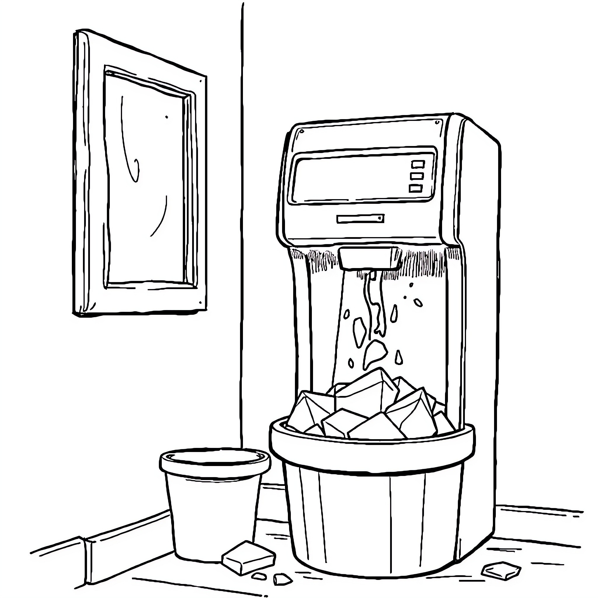 Ice Machine Dumping Crushed Ice Coloring Page (free black-and-white line drawing printable PDF for all, from beginners to advanced learners, including children, teens, adults, and seniors)