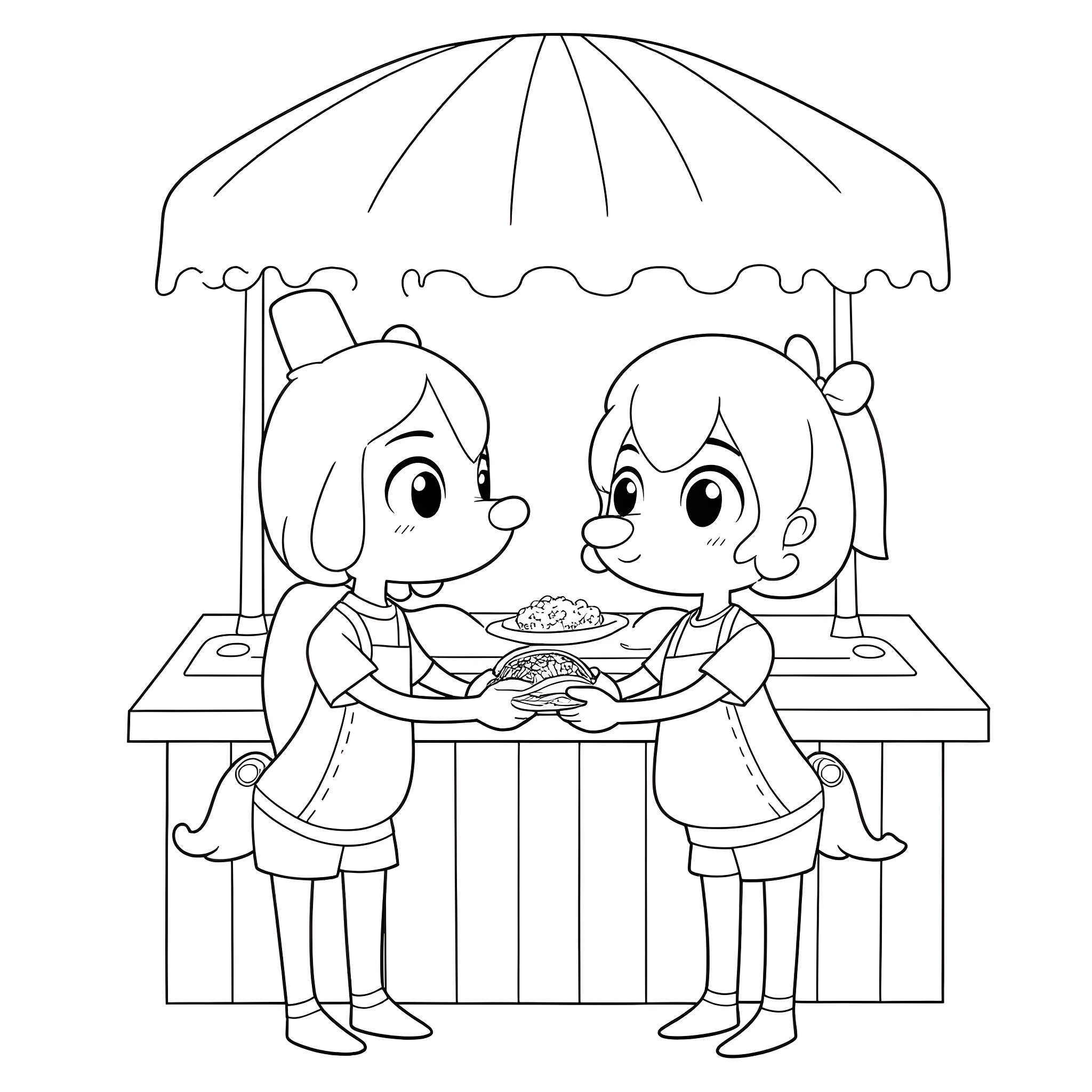 Bluey and Bingo enjoying a picnic under an umbrella Coloring Page (free black-and-white line drawing printable PDF for all, from beginners to advanced learners, including children, teens, adults, and seniors)