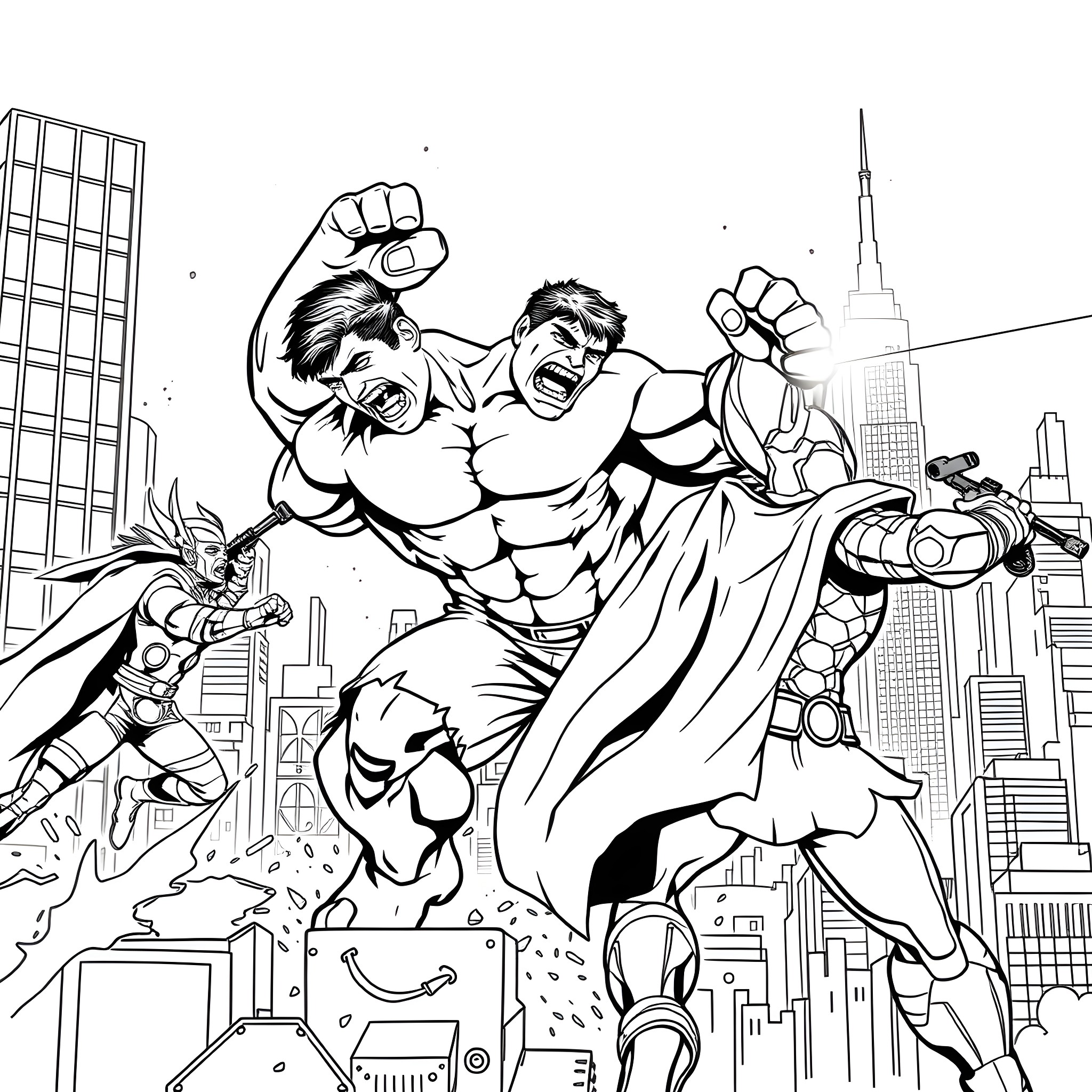 Hulk Smashing Through the City with Superheroes Coloring Page (free black-and-white line drawing printable PDF for all, from beginners to advanced learners, including children, teens, adults, and seniors)