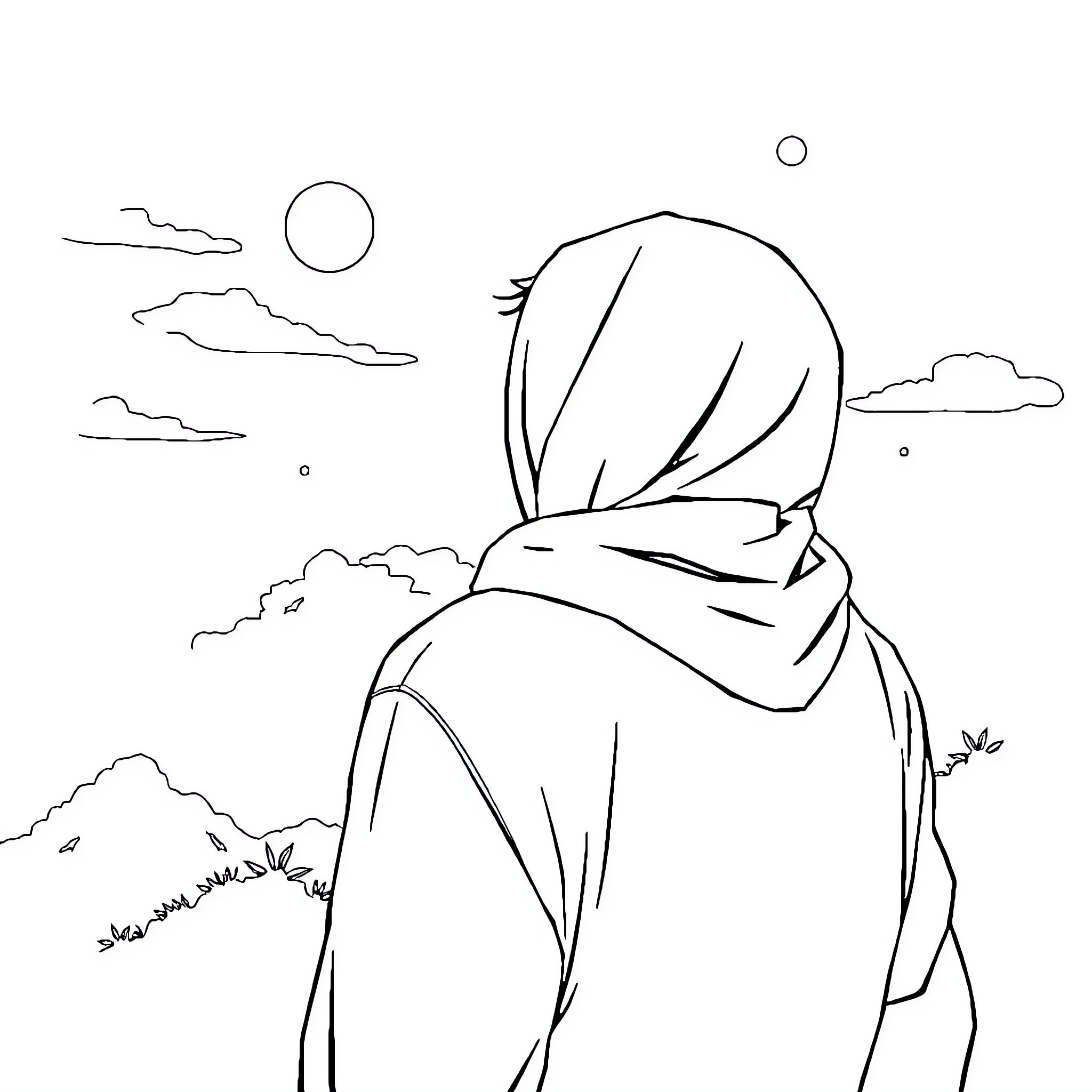 Character walking through a serene landscape Coloring Page (free black-and-white line drawing printable PDF for all, from beginners to advanced learners, including children, teens, adults, and seniors)