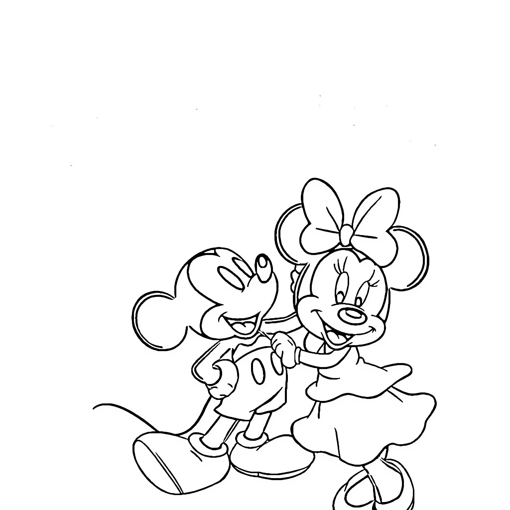 Mickey and Minnie in a playful embrace Coloring Page (free black-and-white line drawing printable PDF for all, from beginners to advanced learners, including children, teens, adults, and seniors)