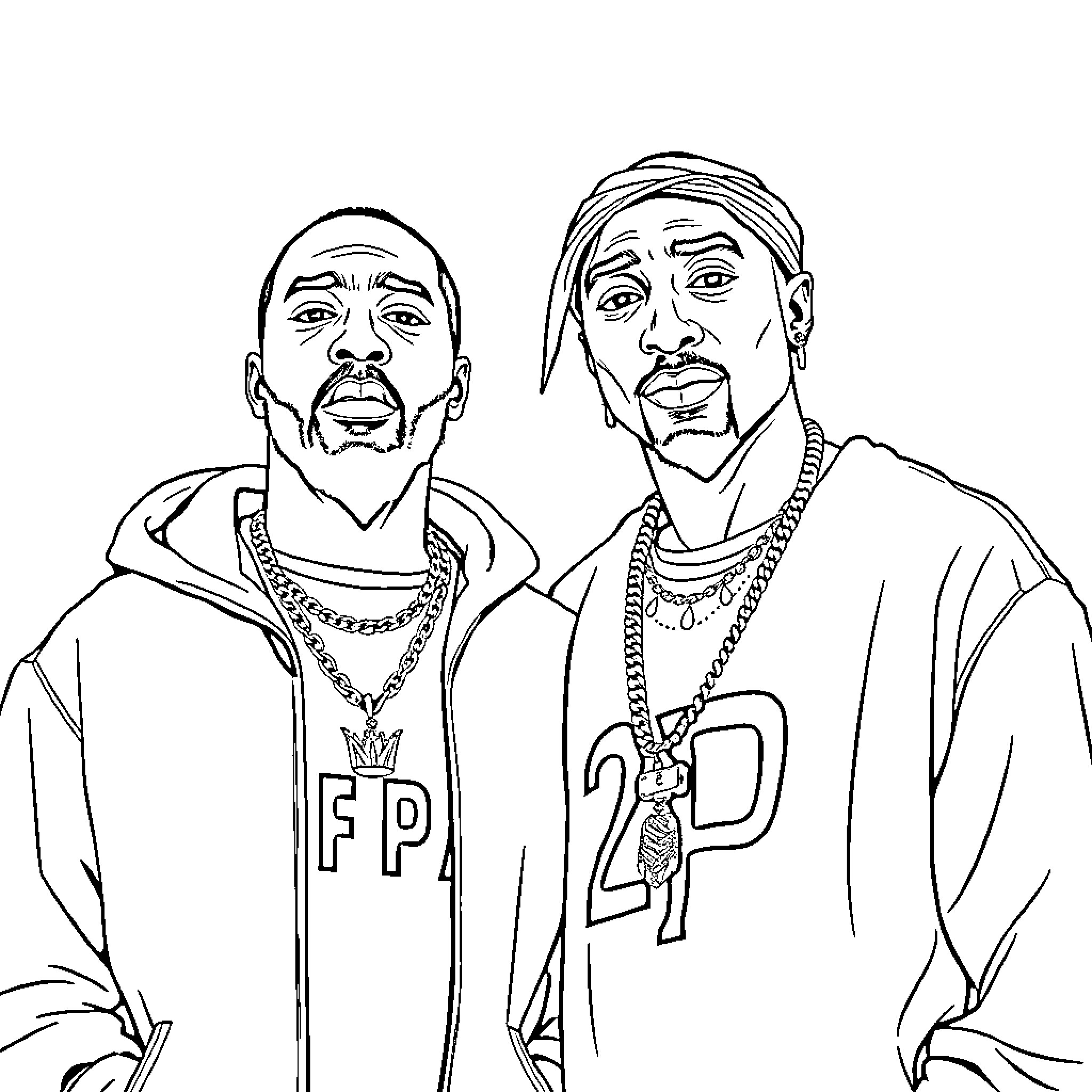 Nipsey Hussle and 2Pac: Iconic Hip-Hop Figures Coloring Page (free black-and-white line drawing printable PDF for all, from beginners to advanced learners, including children, teens, adults, and seniors)