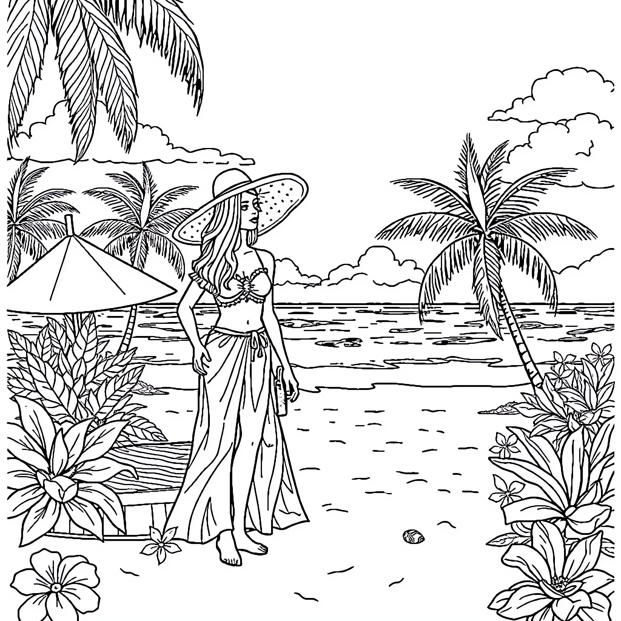 Summer Trunk Beach Paradise Vacation Coloring Page (free black-and-white line drawing printable PDF for all, from beginners to advanced learners, including children, teens, adults, and seniors)