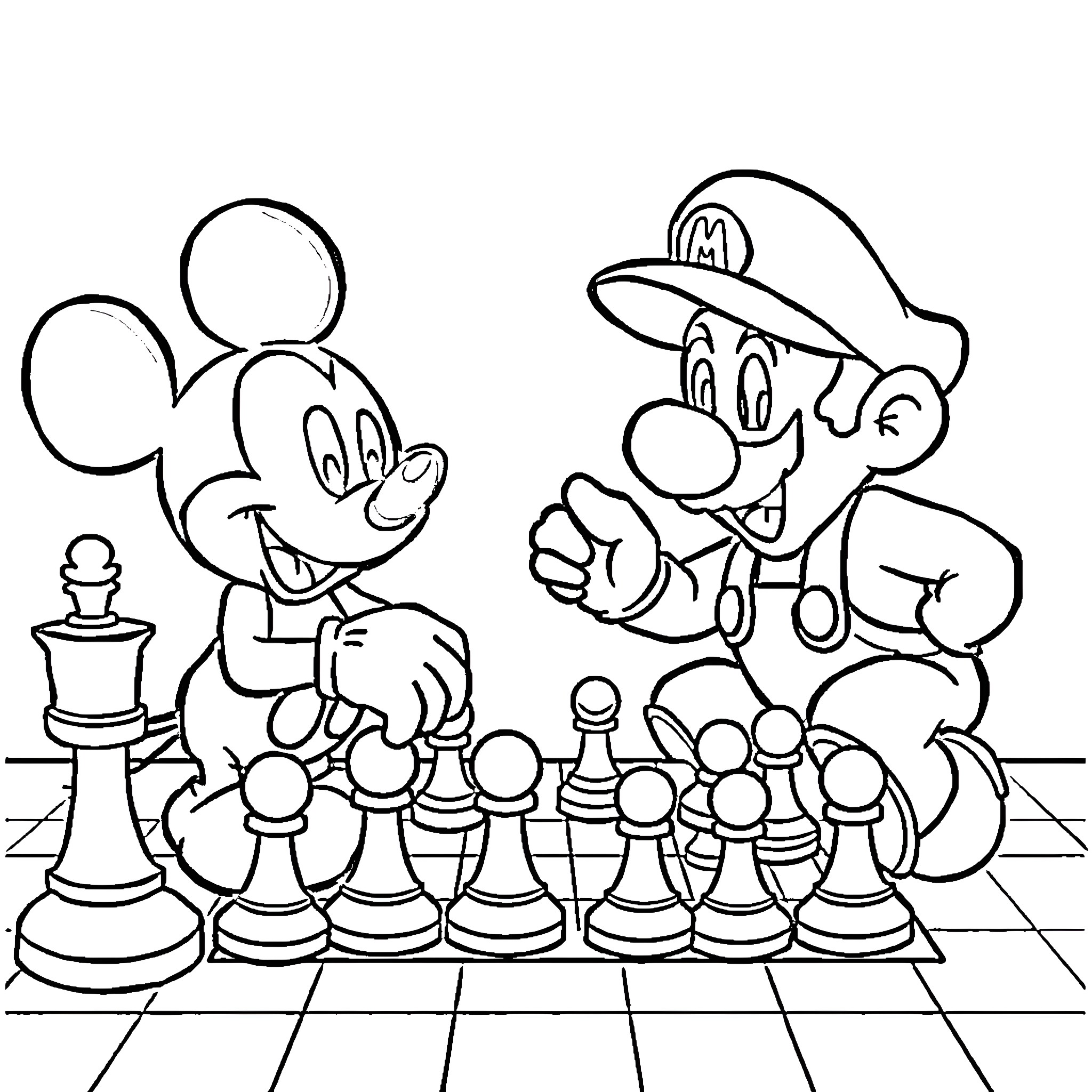 Mickey and Mario playing chess together Coloring Page (free black-and-white line drawing printable PDF for all, from beginners to advanced learners, including children, teens, adults, and seniors)