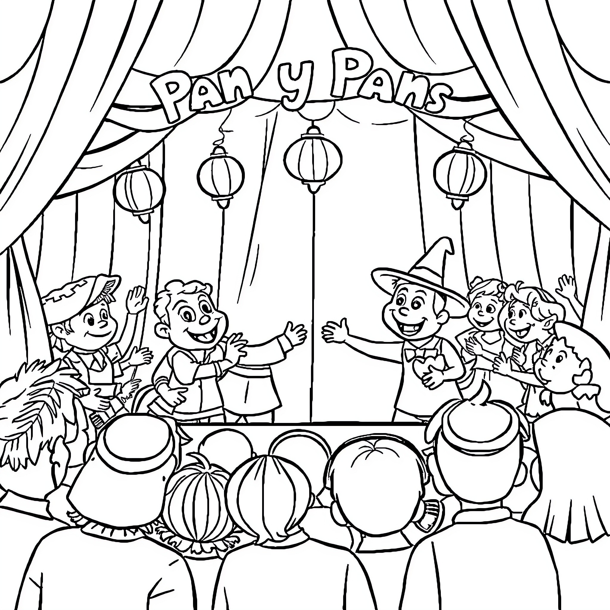 Pan y Pansi: Playful characters in a festive scene Coloring Page (free black-and-white line drawing printable PDF for all, from beginners to advanced learners, including children, teens, adults, and seniors)