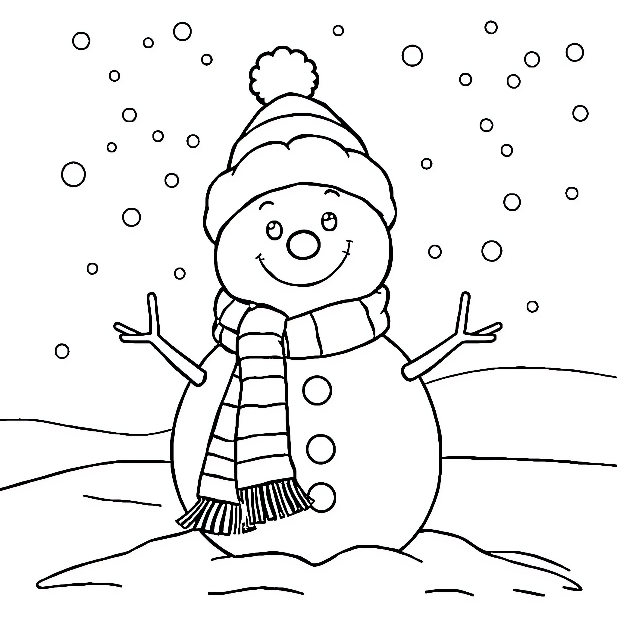 Snowman enjoying the winter wonderland Coloring Page (free black-and-white line drawing printable PDF for all, from beginners to advanced learners, including children, teens, adults, and seniors)