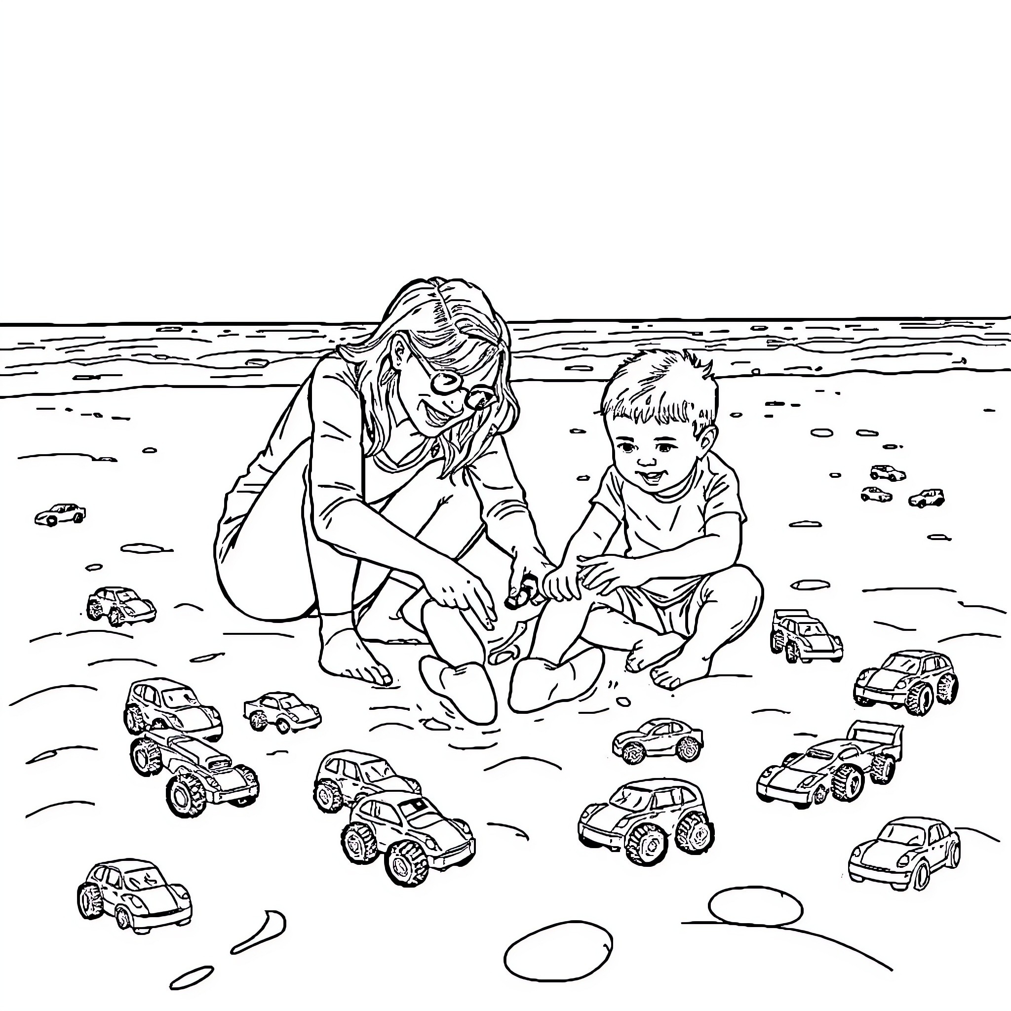 Mom and Child Playing with Toy Cars on Beach Coloring Page (free black-and-white line drawing printable PDF for all, from beginners to advanced learners, including children, teens, adults, and seniors)