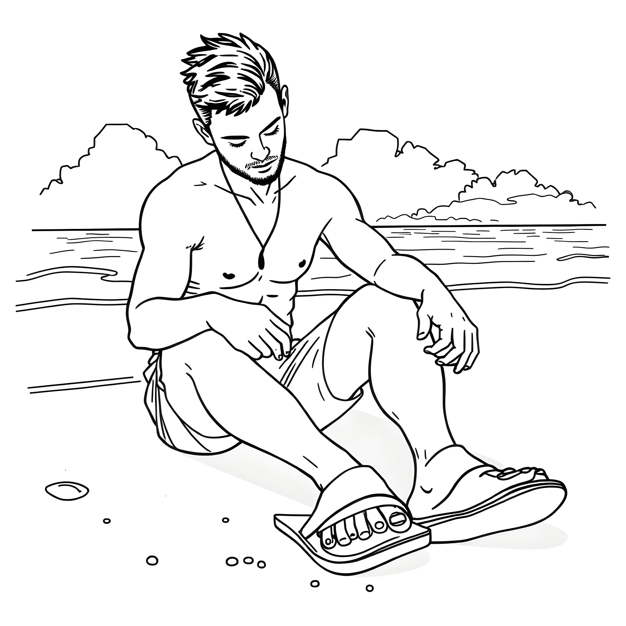 Guy relaxing by the beach with a thoughtful expression Coloring Page (free black-and-white line drawing printable PDF for all, from beginners to advanced learners, including children, teens, adults, and seniors)