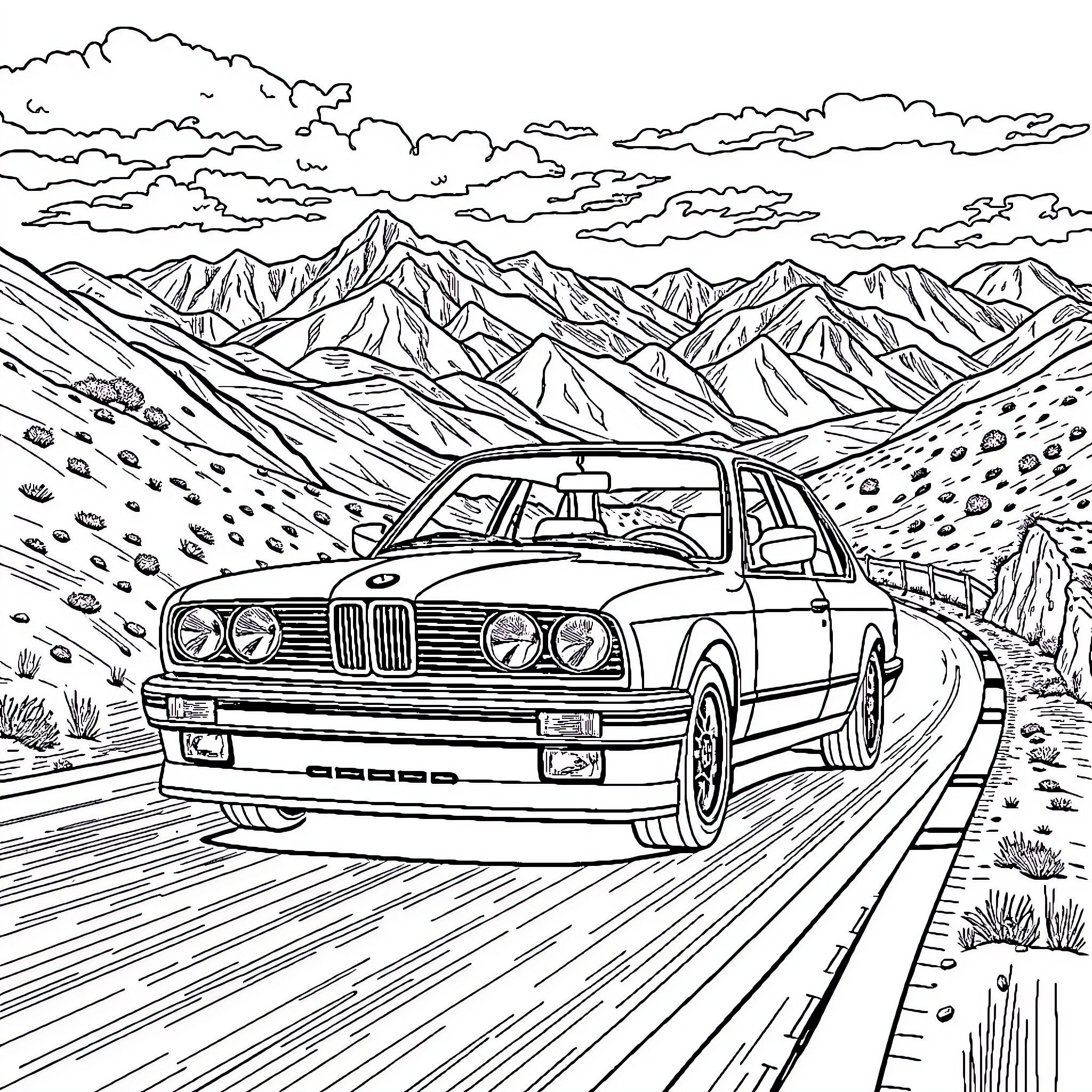 Bmw E30 speeding through scenic mountain road Coloring Page (free black-and-white line drawing printable PDF for all, from beginners to advanced learners, including children, teens, adults, and seniors)