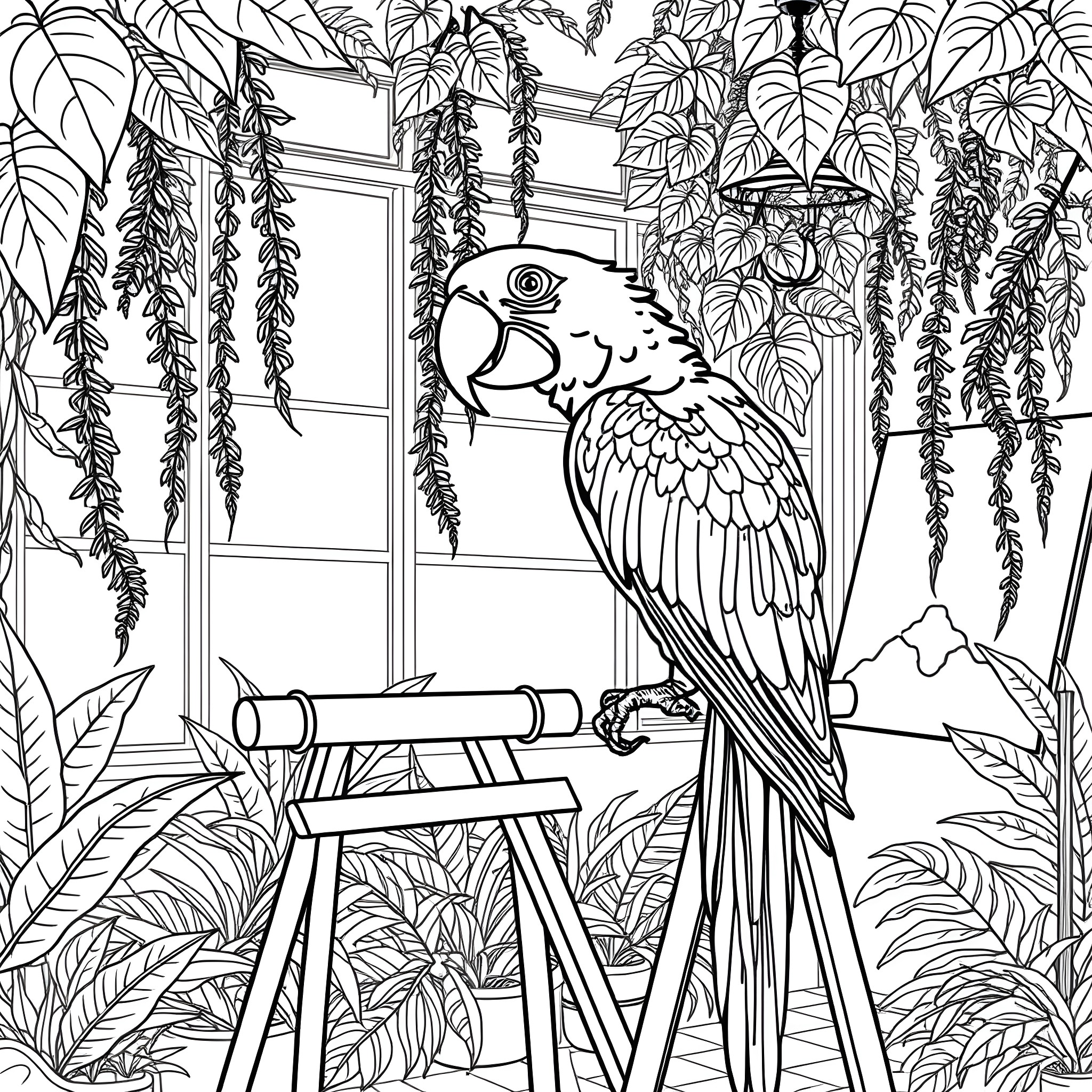 Parrot perched in a lush tropical garden Coloring Page (free black-and-white line drawing printable PDF for all, from beginners to advanced learners, including children, teens, adults, and seniors)