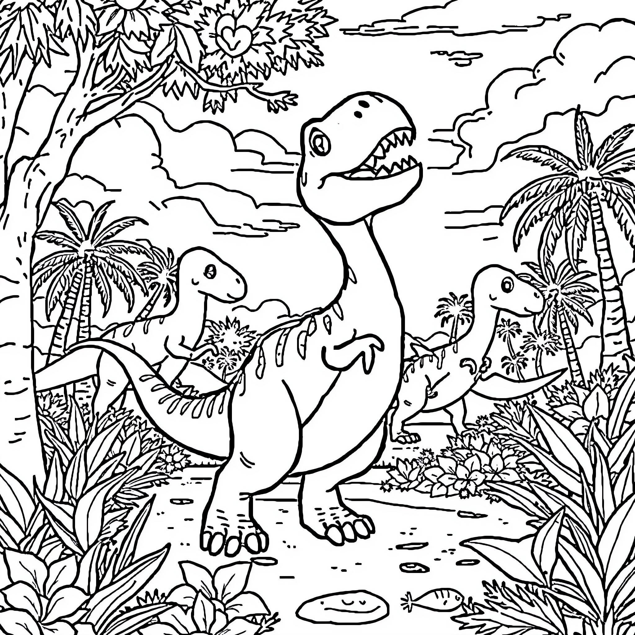 Dinosaur family exploring lush tropical forest Coloring Page (free black-and-white line drawing printable PDF for all, from beginners to advanced learners, including children, teens, adults, and seniors)