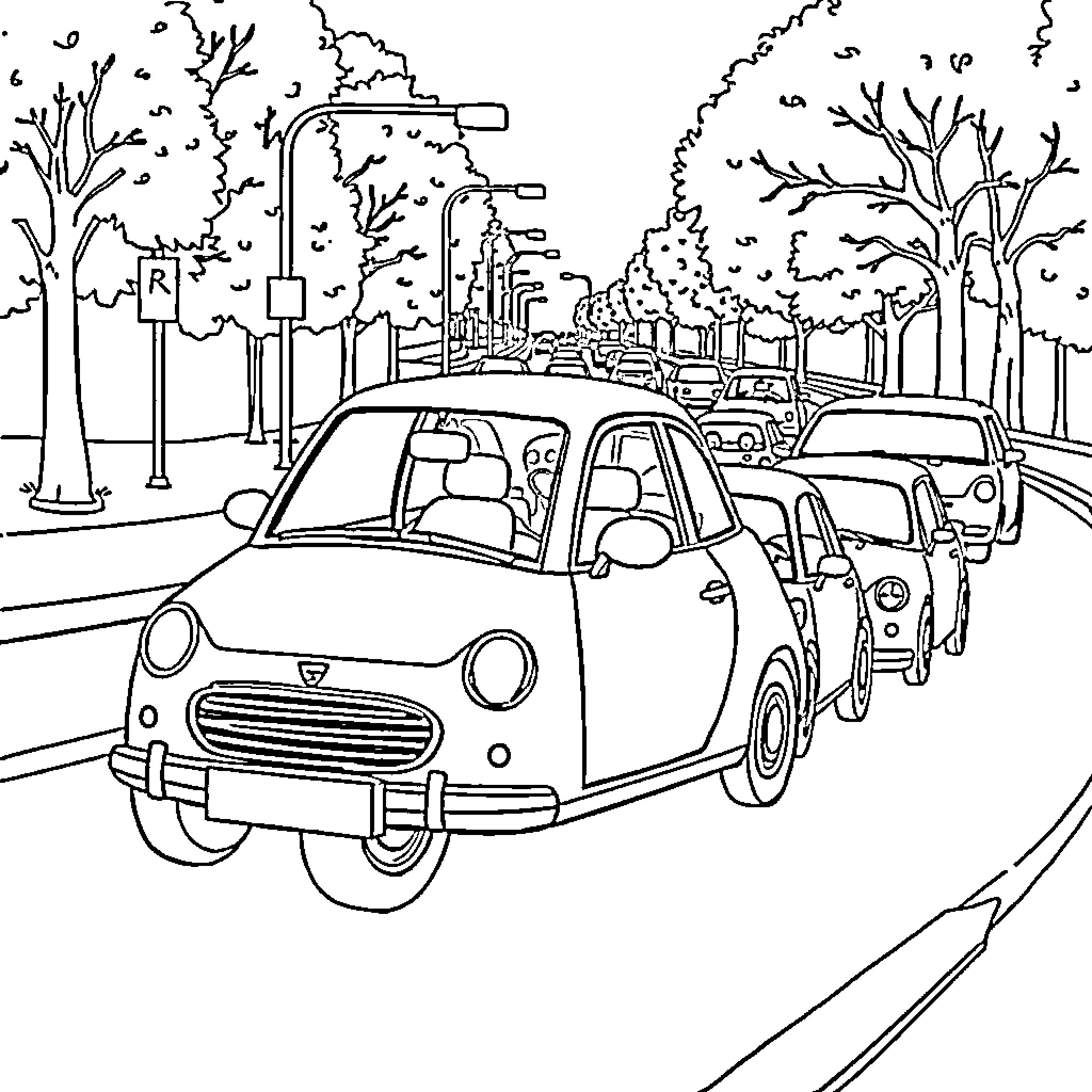 Car driving in busy city street with trees Coloring Page (free black-and-white line drawing printable PDF for all, from beginners to advanced learners, including children, teens, adults, and seniors)
