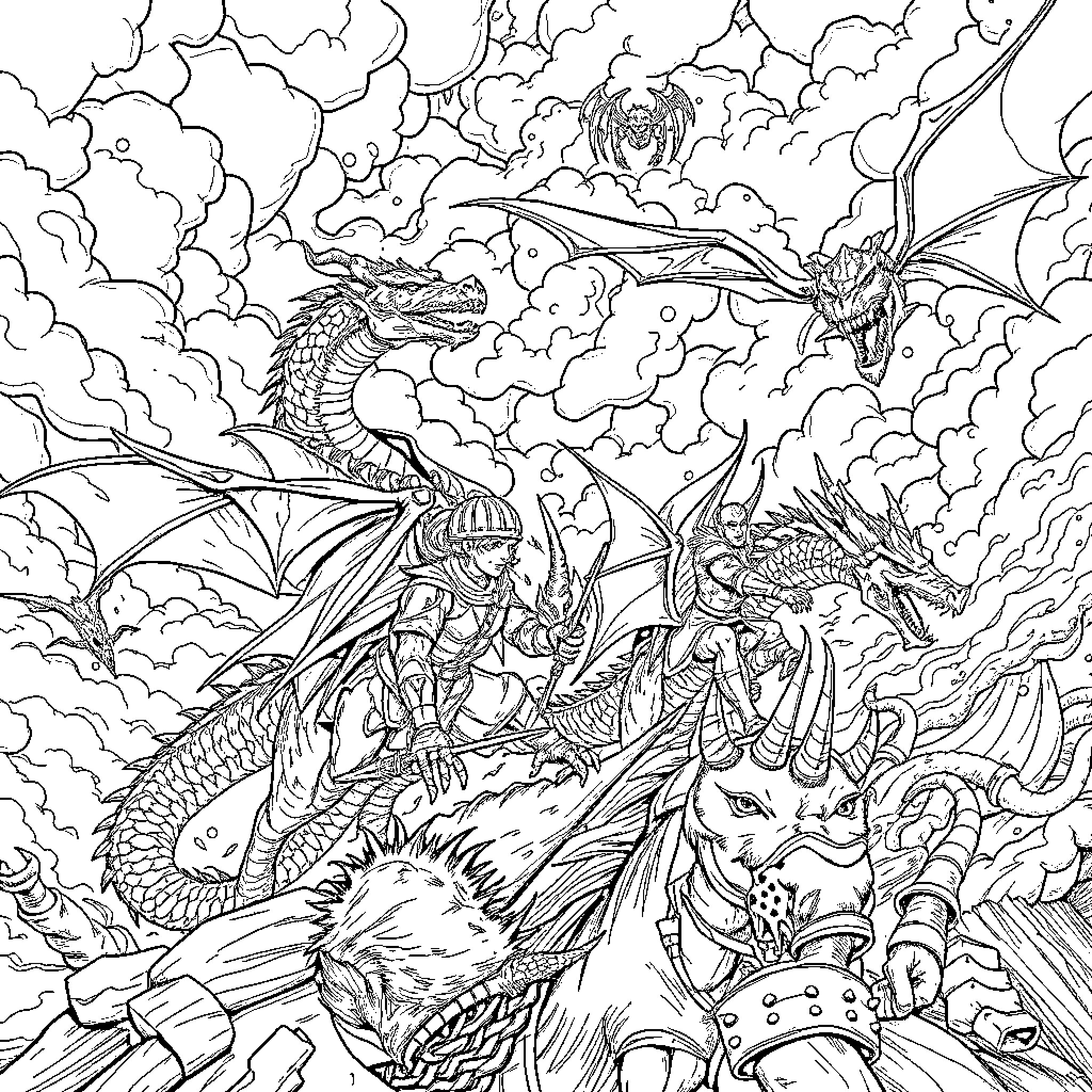 Dragon Rider exploring a fantastical realm with fierce dragons Coloring Page (free black-and-white line drawing printable PDF for all, from beginners to advanced learners, including children, teens, adults, and seniors)