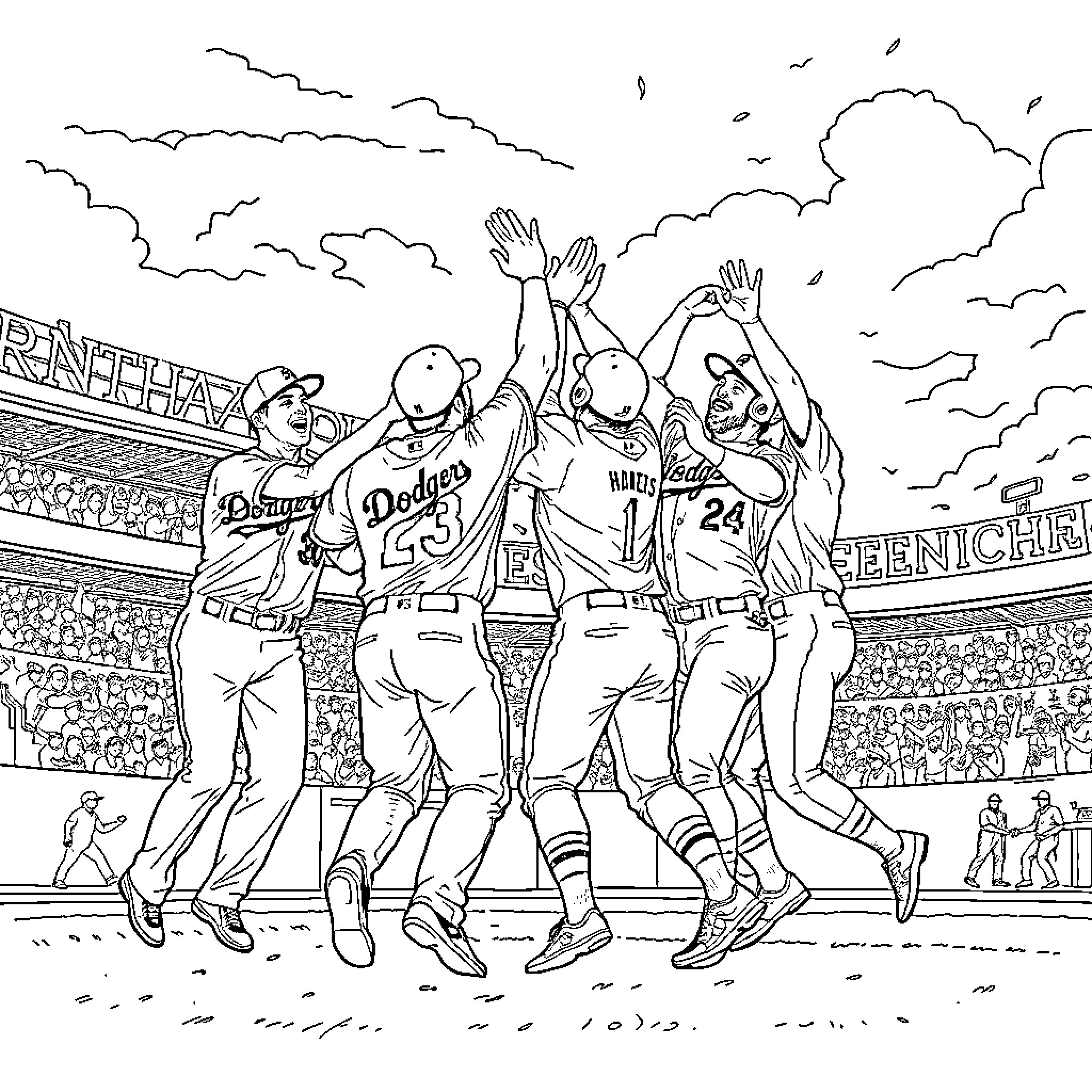 Dodgers baseball players celebrating victory on the field Coloring Page (free black-and-white line drawing printable PDF for all, from beginners to advanced learners, including children, teens, adults, and seniors)