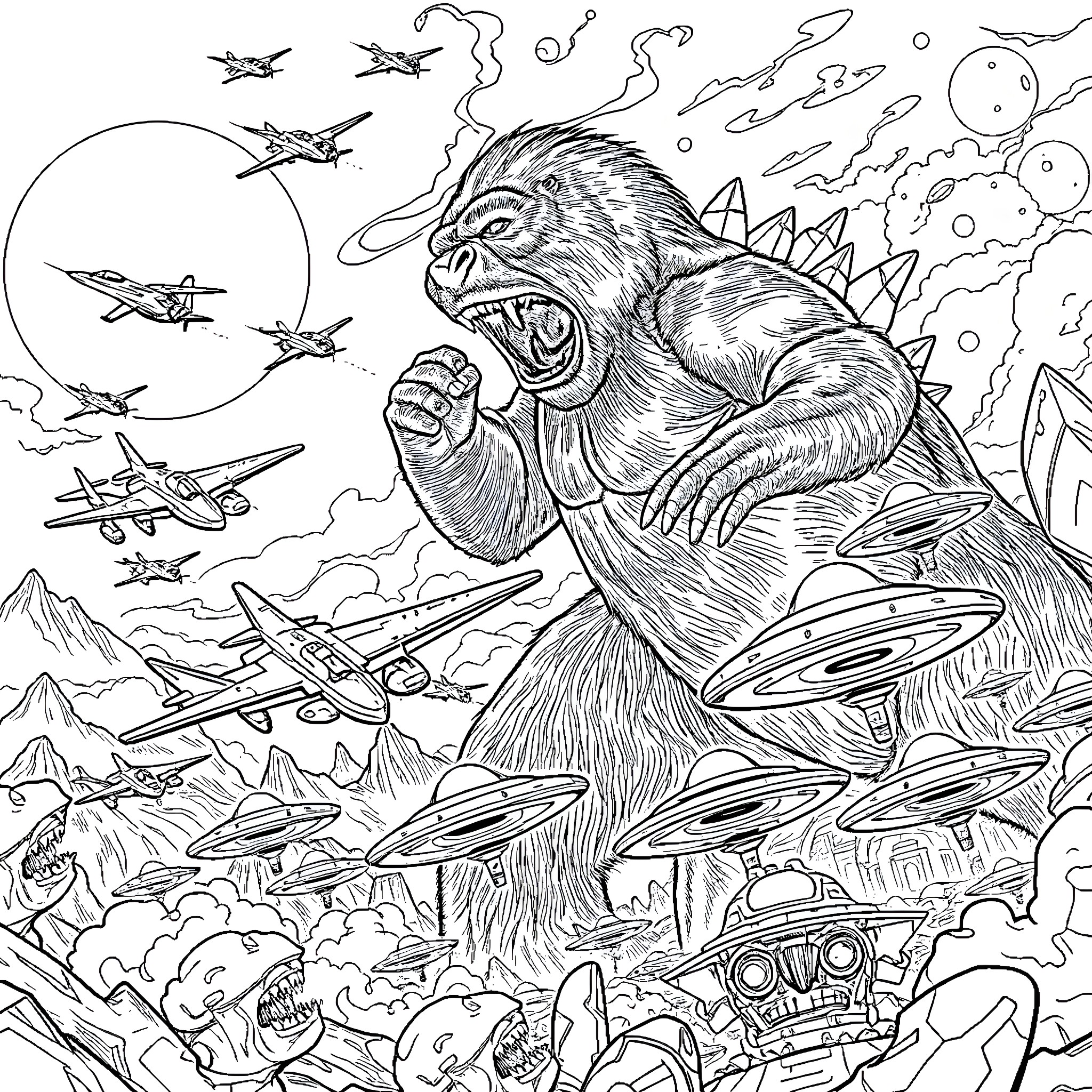 Air Force Encounters Giant Monstrous Creature in the Sky Coloring Page (free black-and-white line drawing printable PDF for all, from beginners to advanced learners, including children, teens, adults, and seniors)