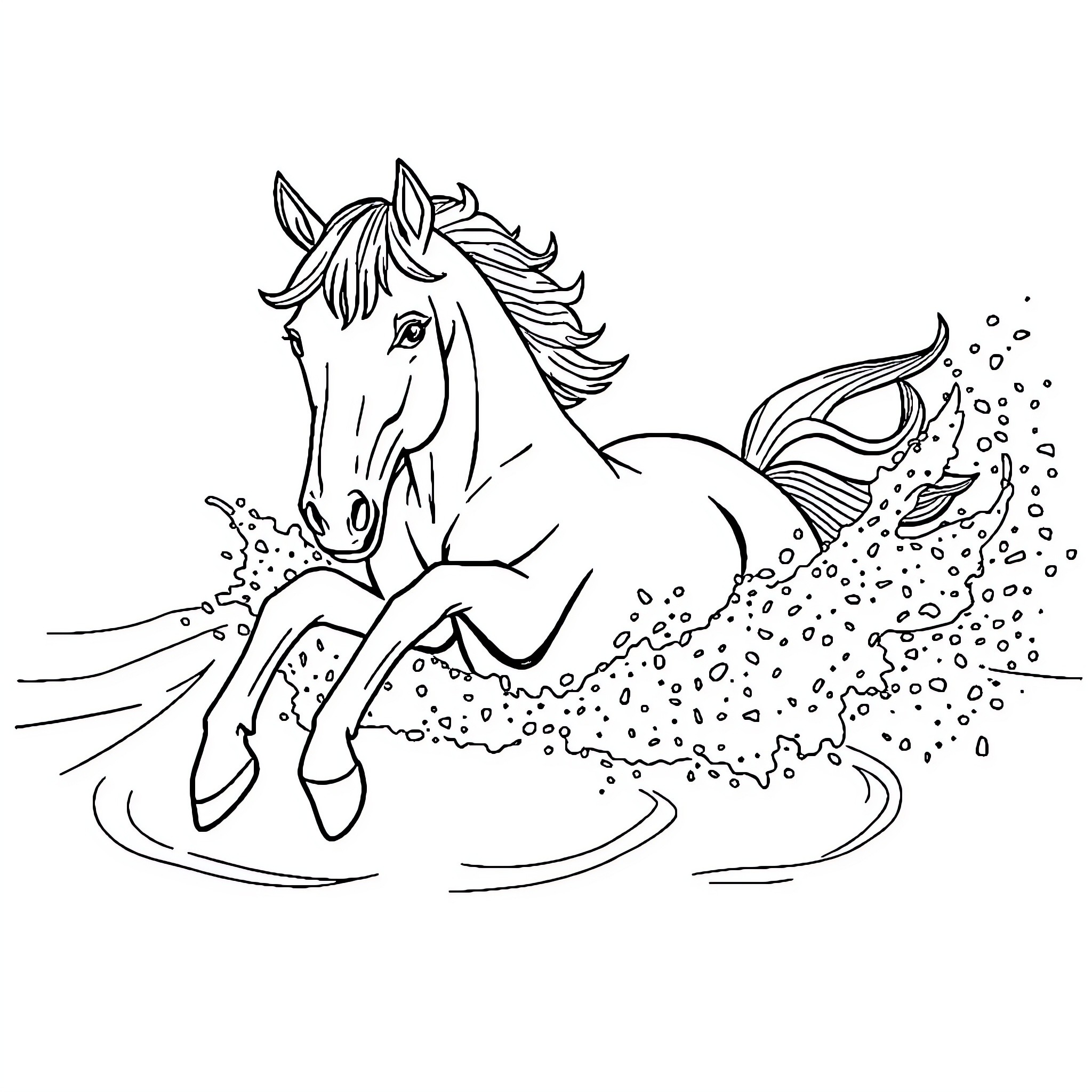 Horse galloping through a magical scene Coloring Page (free black-and-white line drawing printable PDF for all, from beginners to advanced learners, including children, teens, adults, and seniors)