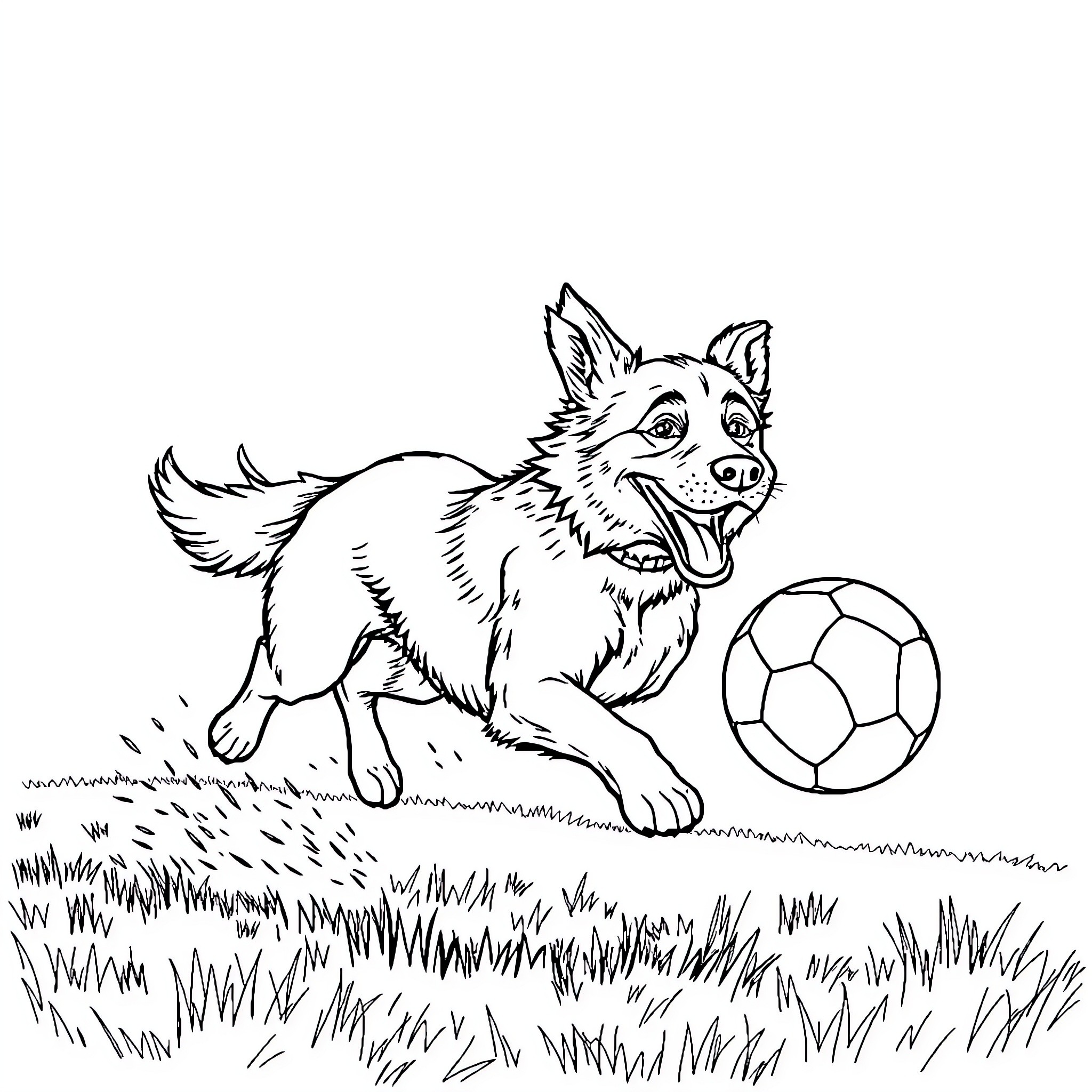 Dog playing with soccer ball in the field Coloring Page (free black-and-white line drawing printable PDF for all, from beginners to advanced learners, including children, teens, adults, and seniors)