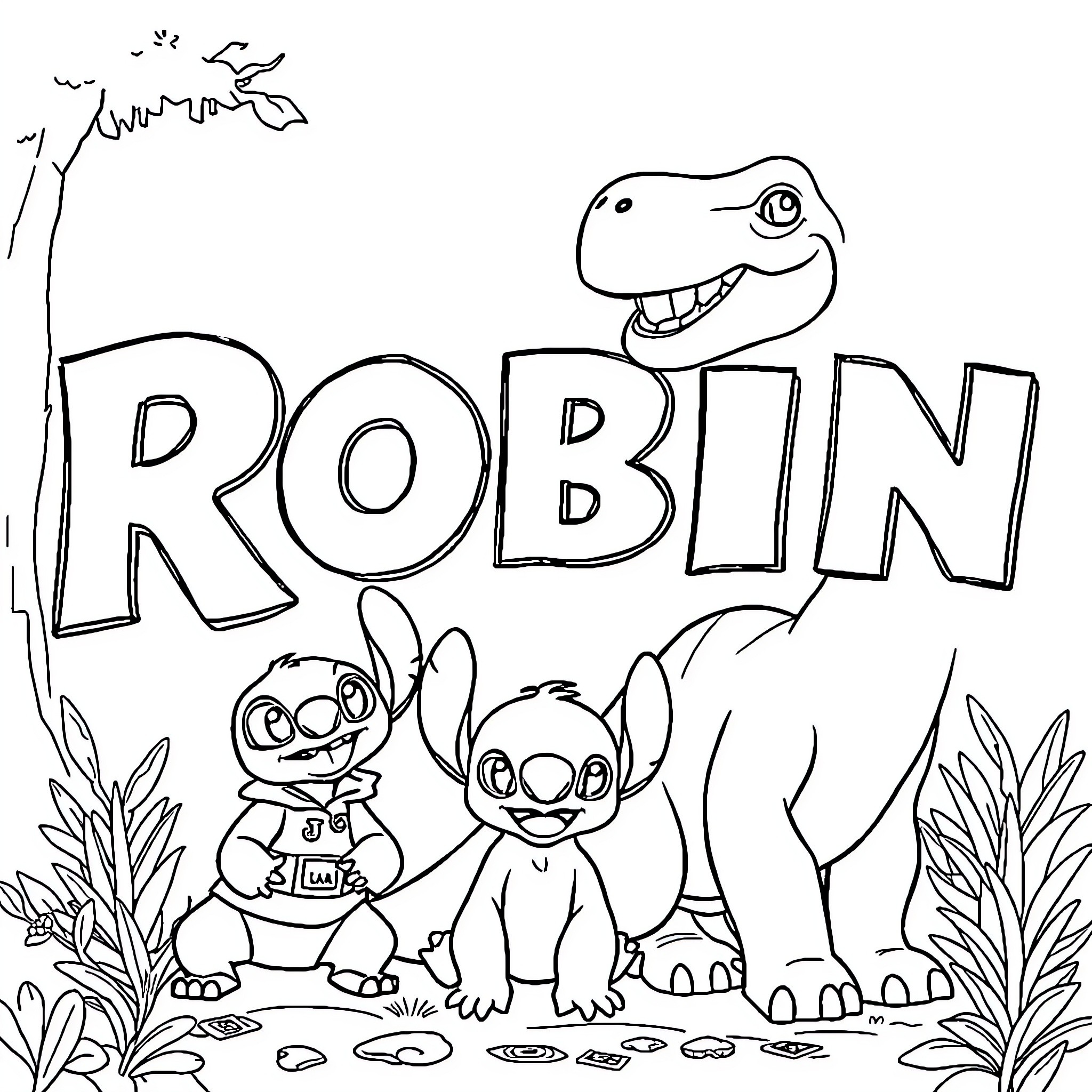 Robin and friends in the jungle Coloring Page (free black-and-white line drawing printable PDF for all, from beginners to advanced learners, including children, teens, adults, and seniors)