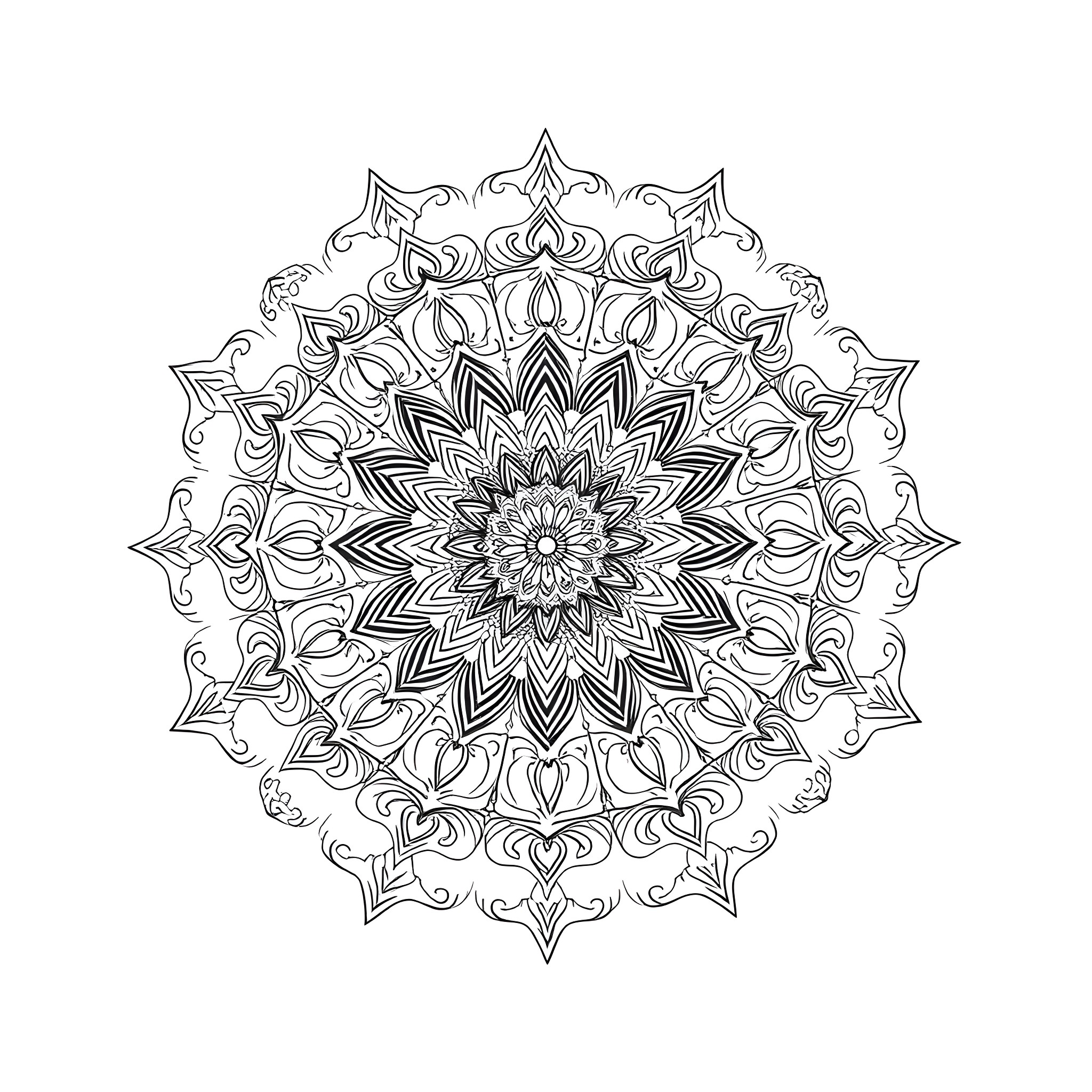 Mandala with intricate floral patterns Coloring Page (free black-and-white line drawing printable PDF for all, from beginners to advanced learners, including children, teens, adults, and seniors)