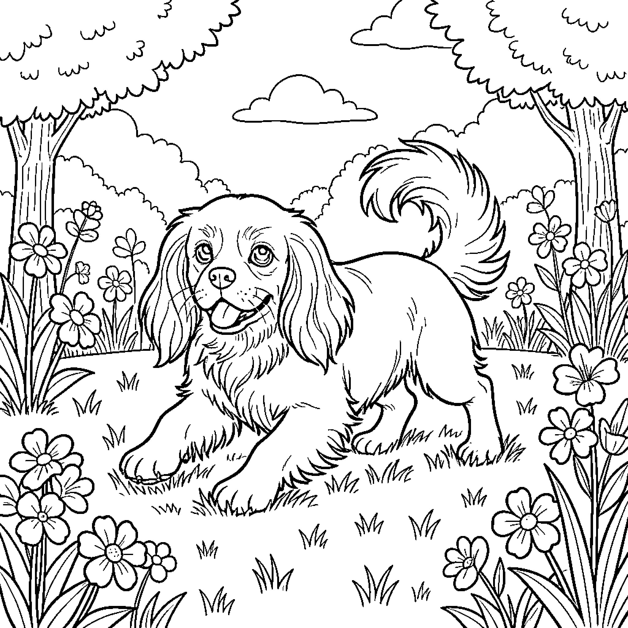 Cavalier King Charles smiling happily in a flower garden Coloring Page (free black-and-white line drawing printable PDF for all, from beginners to advanced learners, including children, teens, adults, and seniors)