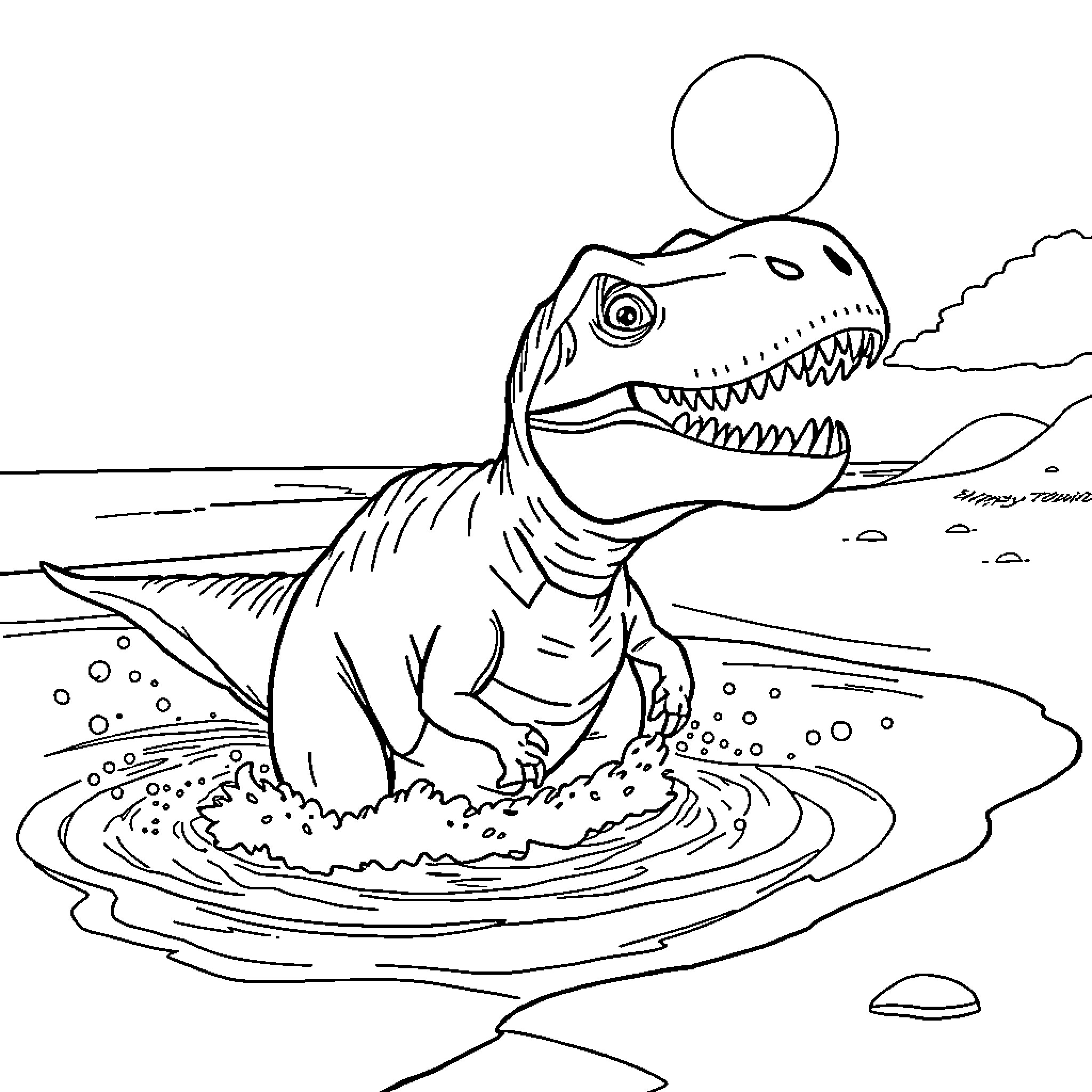 T-Rex Splashing in Muddy Puddle Coloring Page (free black-and-white line drawing printable PDF for all, from beginners to advanced learners, including children, teens, adults, and seniors)