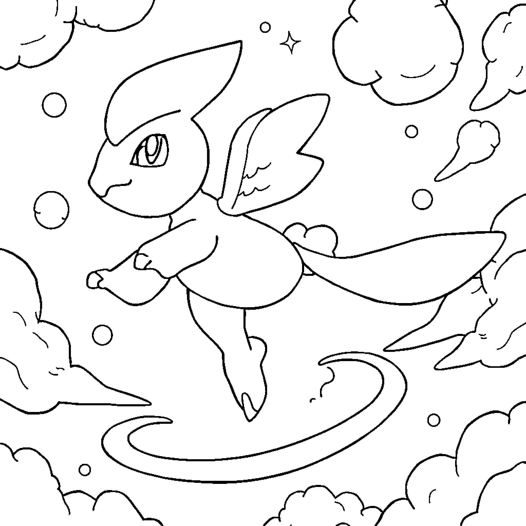 Leviator swimming among the clouds Coloring Page (free black-and-white line drawing printable PDF for all, from beginners to advanced learners, including children, teens, adults, and seniors)
