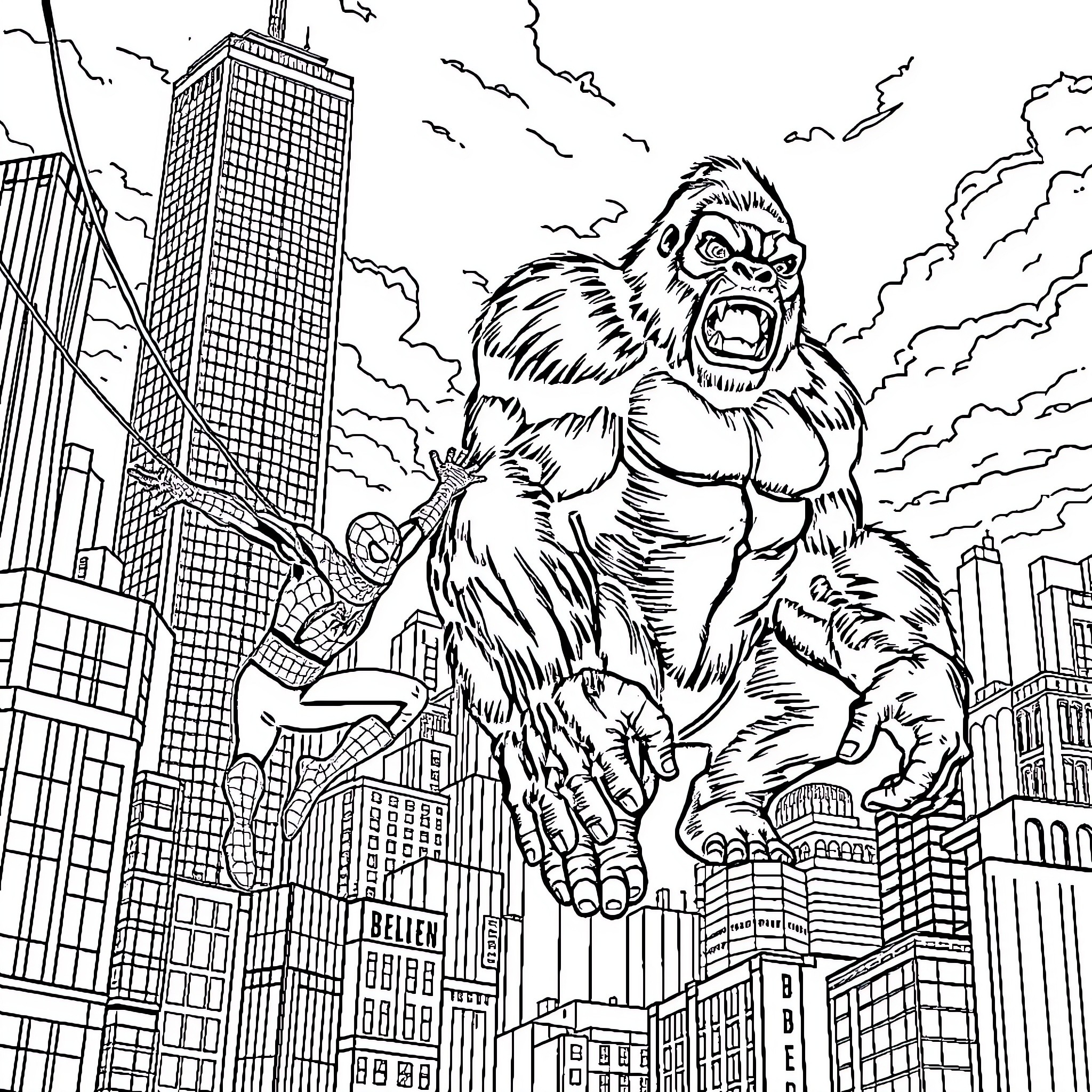 Spiderman Faces Monstrous Foe in Cityscape Coloring Page (free black-and-white line drawing printable PDF for all, from beginners to advanced learners, including children, teens, adults, and seniors)