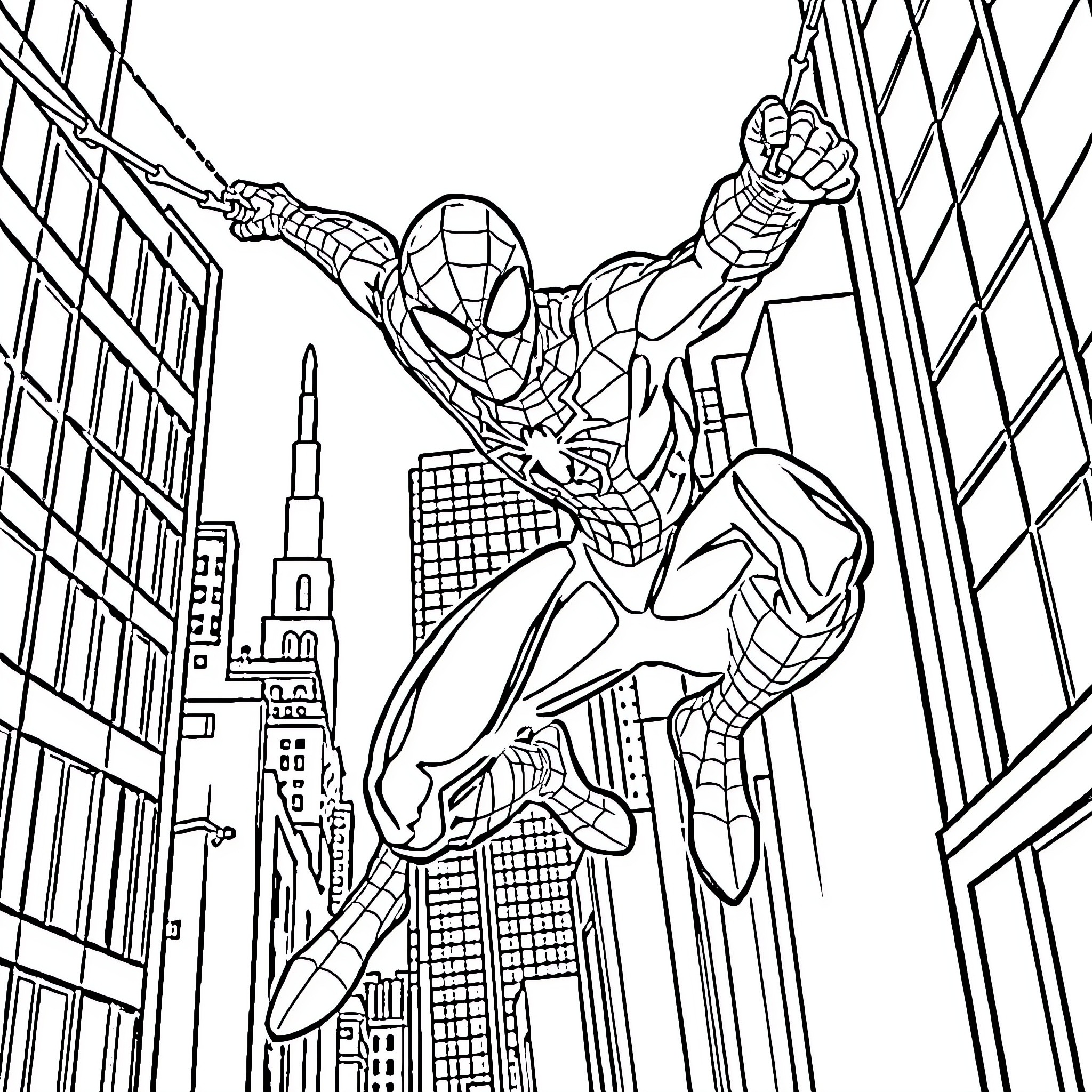 Spiderman swinging through the city skyline Coloring Page (free black-and-white line drawing printable PDF for all, from beginners to advanced learners, including children, teens, adults, and seniors)