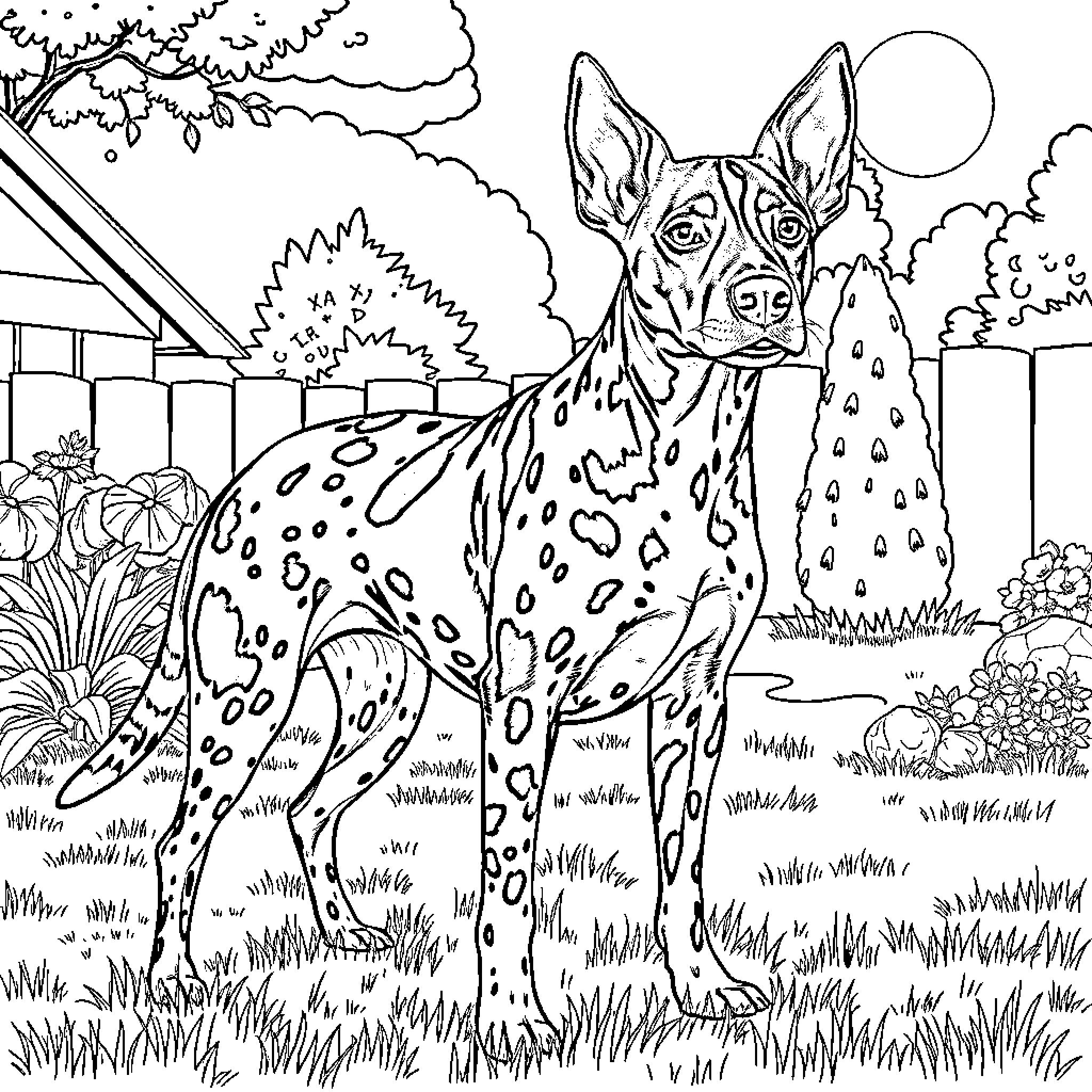Catahoula Dog Enjoying Outdoor Scene Coloring Page (free black-and-white line drawing printable PDF for all, from beginners to advanced learners, including children, teens, adults, and seniors)