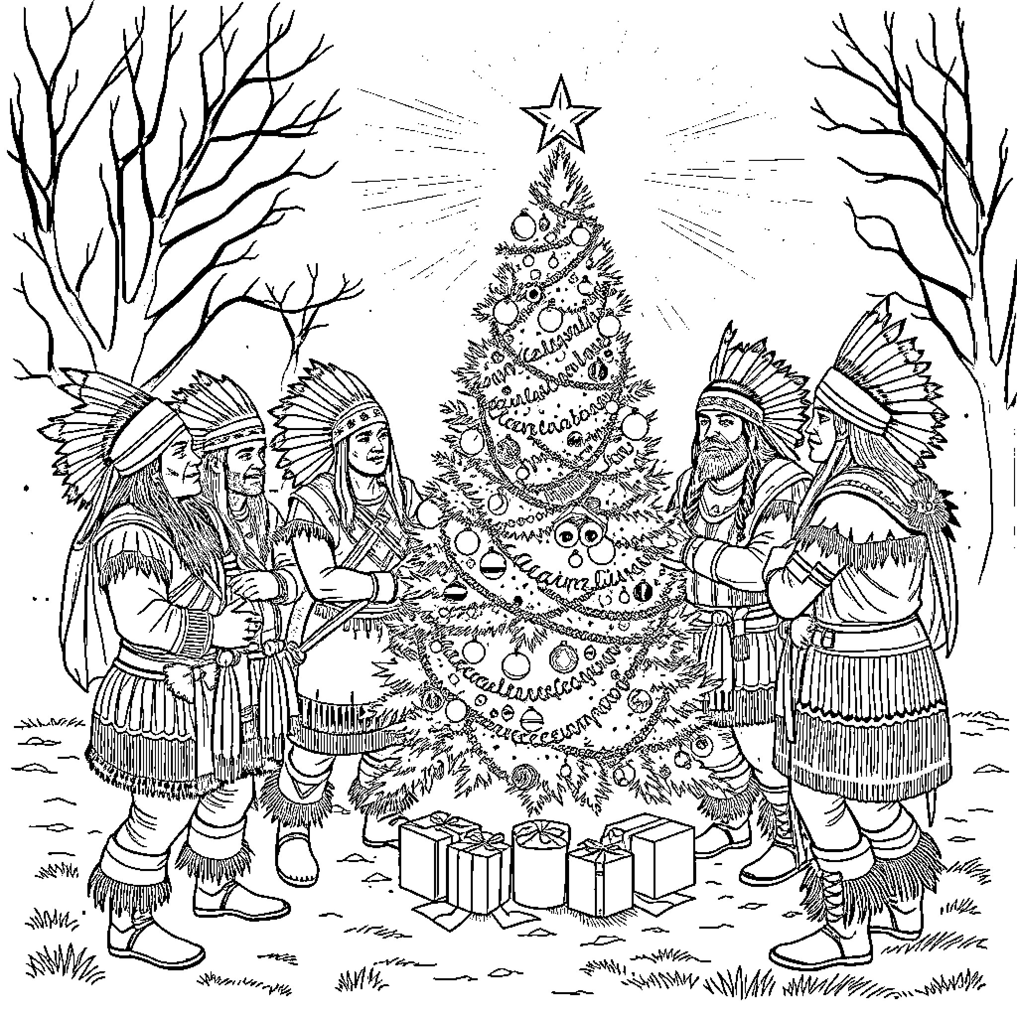 Warrior Tribes Celebrating Christmas Tree in Winter Wonderland Coloring Page (free black-and-white line drawing printable PDF for all, from beginners to advanced learners, including children, teens, adults, and seniors)