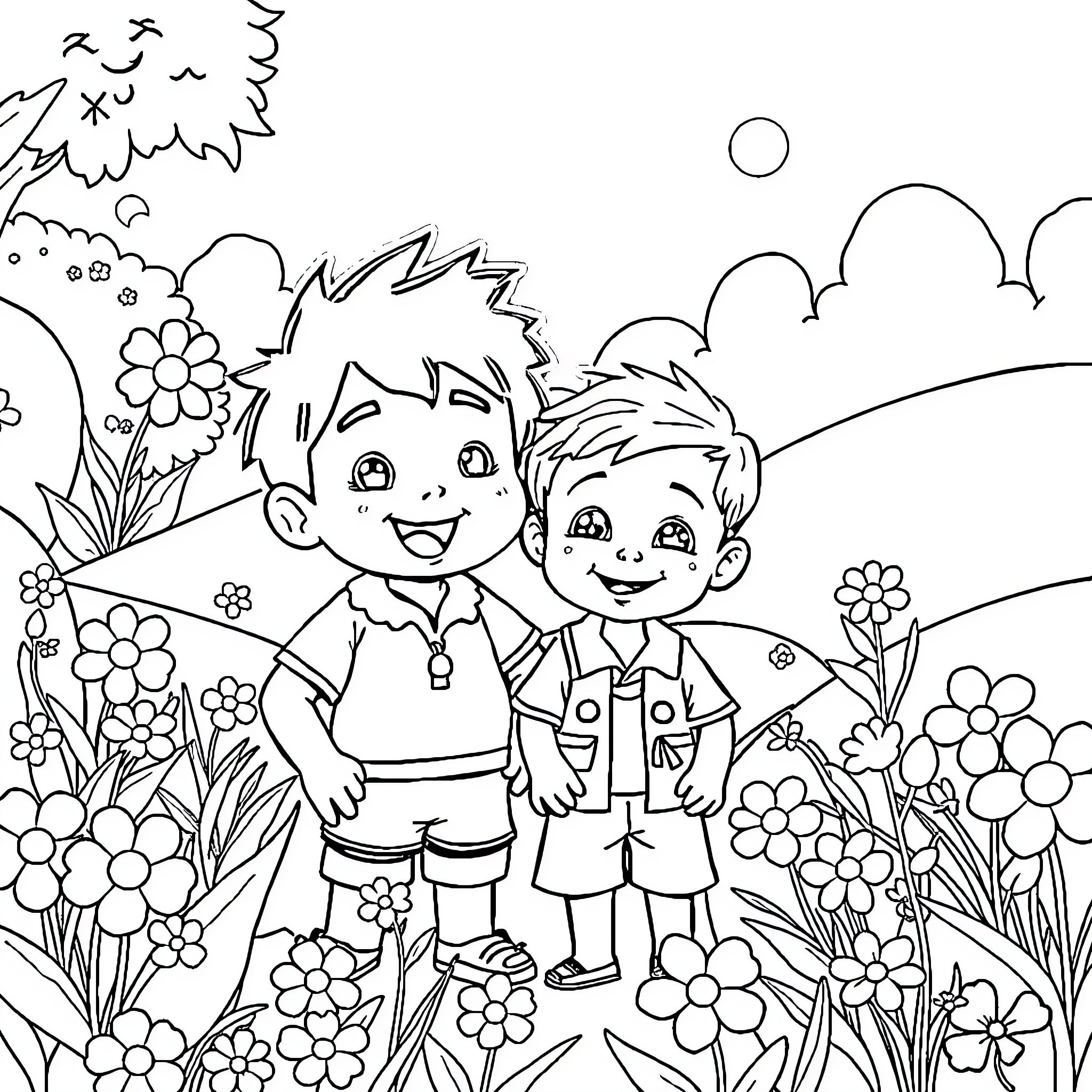 Kirikou and the cheerful friends in the meadow Coloring Page (free black-and-white line drawing printable PDF for all, from beginners to advanced learners, including children, teens, adults, and seniors)
