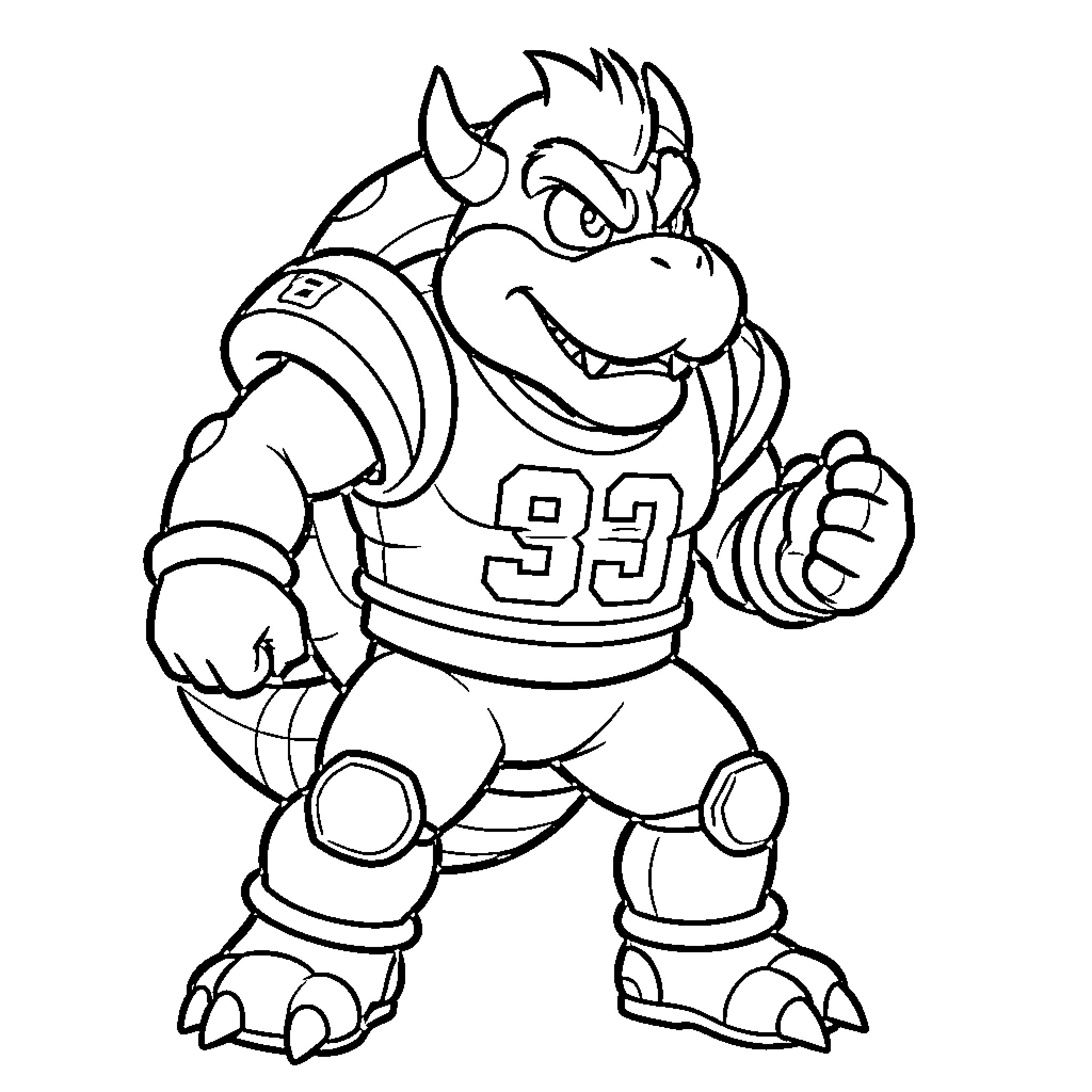 Bowser in Football Uniform Coloring Page (free black-and-white line drawing printable PDF for all, from beginners to advanced learners, including children, teens, adults, and seniors)