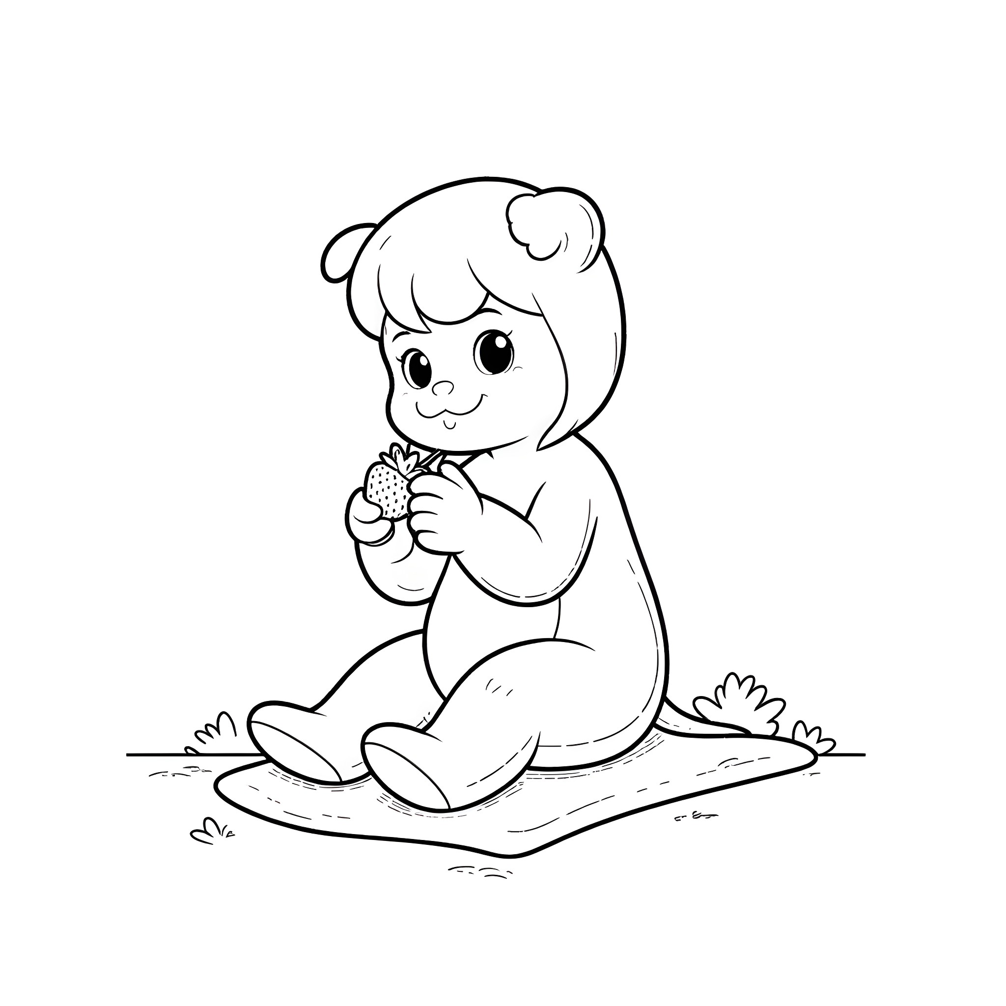 Bluey enjoying a snack on the grass Coloring Page (free black-and-white line drawing printable PDF for all, from beginners to advanced learners, including children, teens, adults, and seniors)