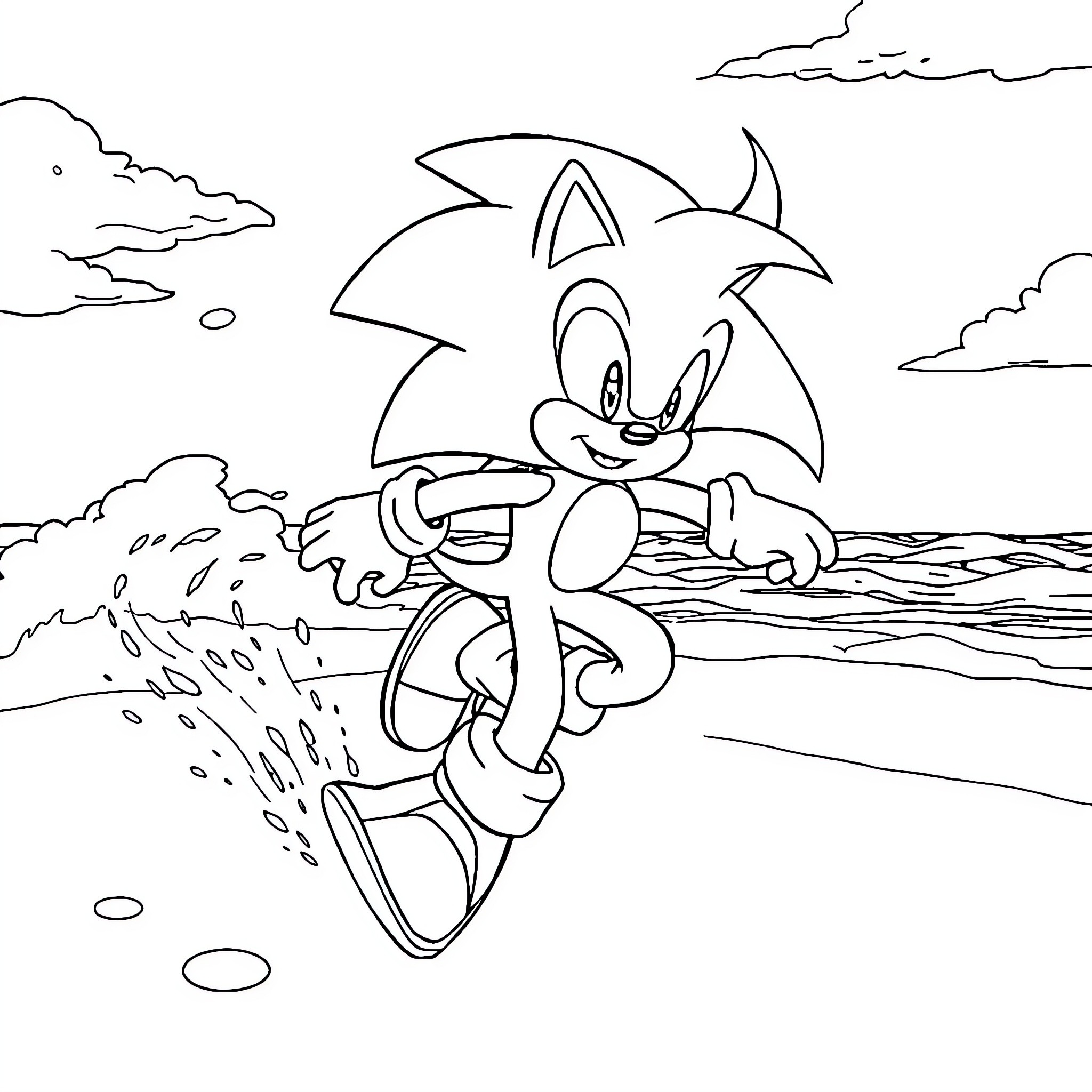 Sonic dashing through a scenic landscape Coloring Page (free black-and-white line drawing printable PDF for all, from beginners to advanced learners, including children, teens, adults, and seniors)