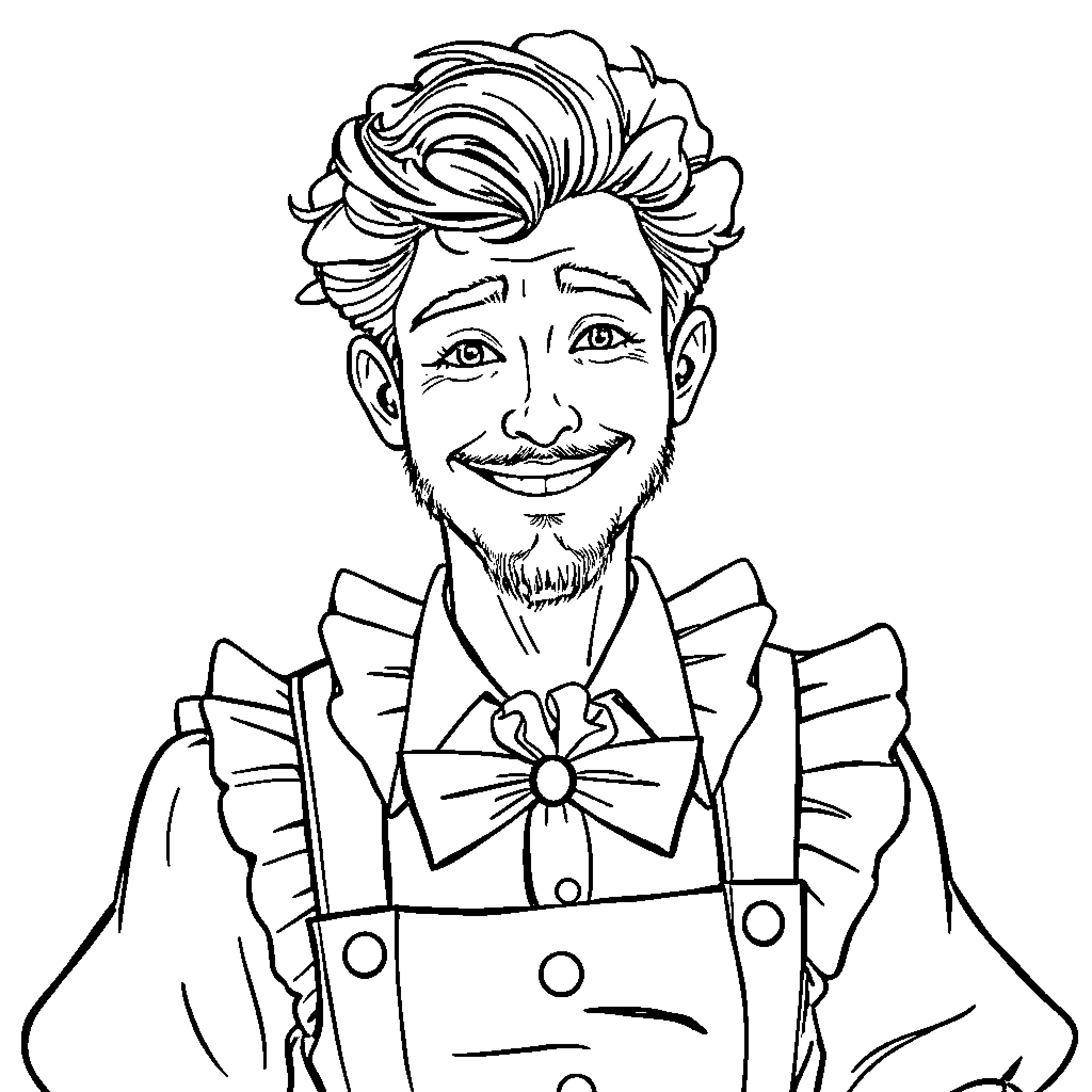 Man in a whimsical costume with a cheerful expression Coloring Page (free black-and-white line drawing printable PDF for all, from beginners to advanced learners, including children, teens, adults, and seniors)