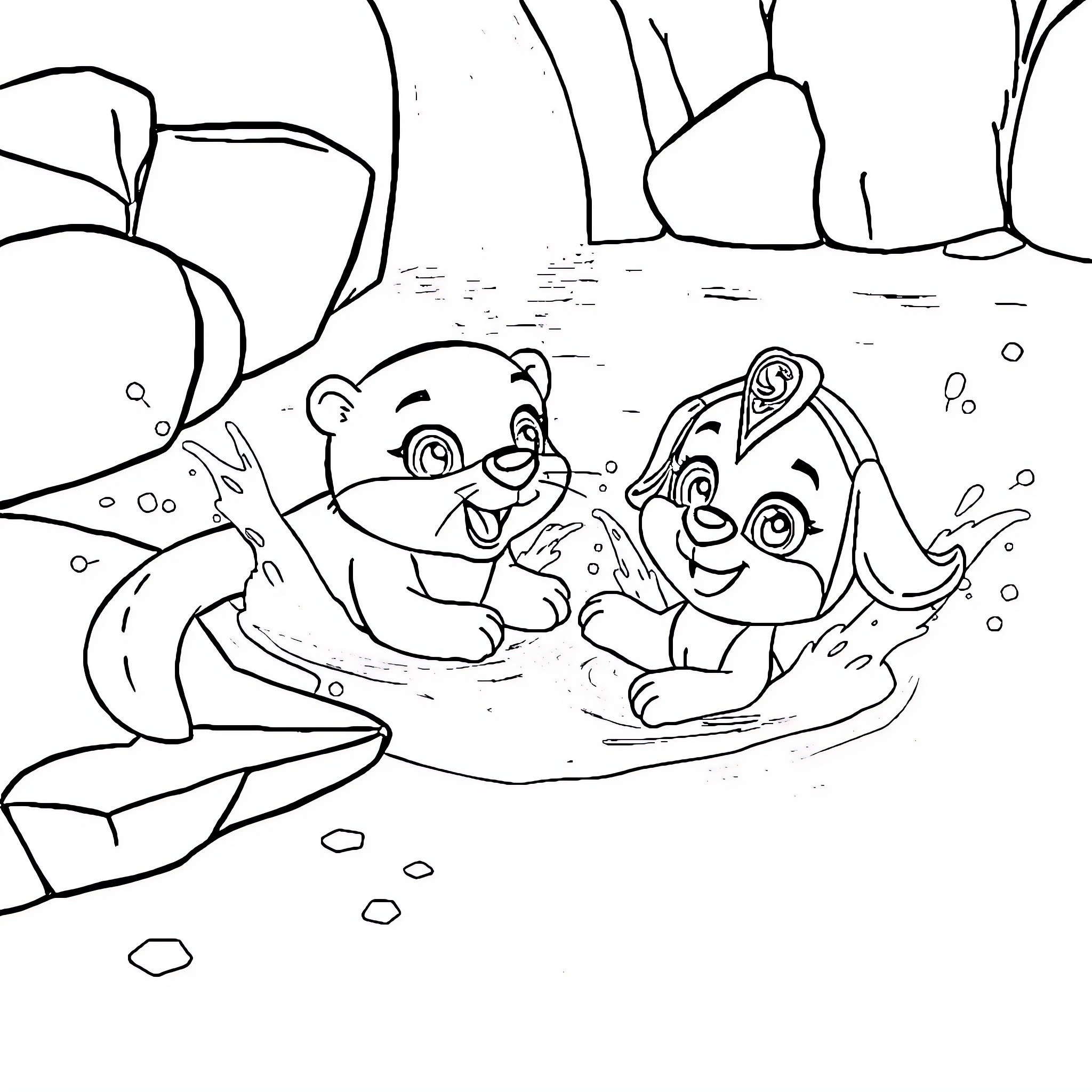 Otters playing happily in the water Coloring Page (free black-and-white line drawing printable PDF for all, from beginners to advanced learners, including children, teens, adults, and seniors)