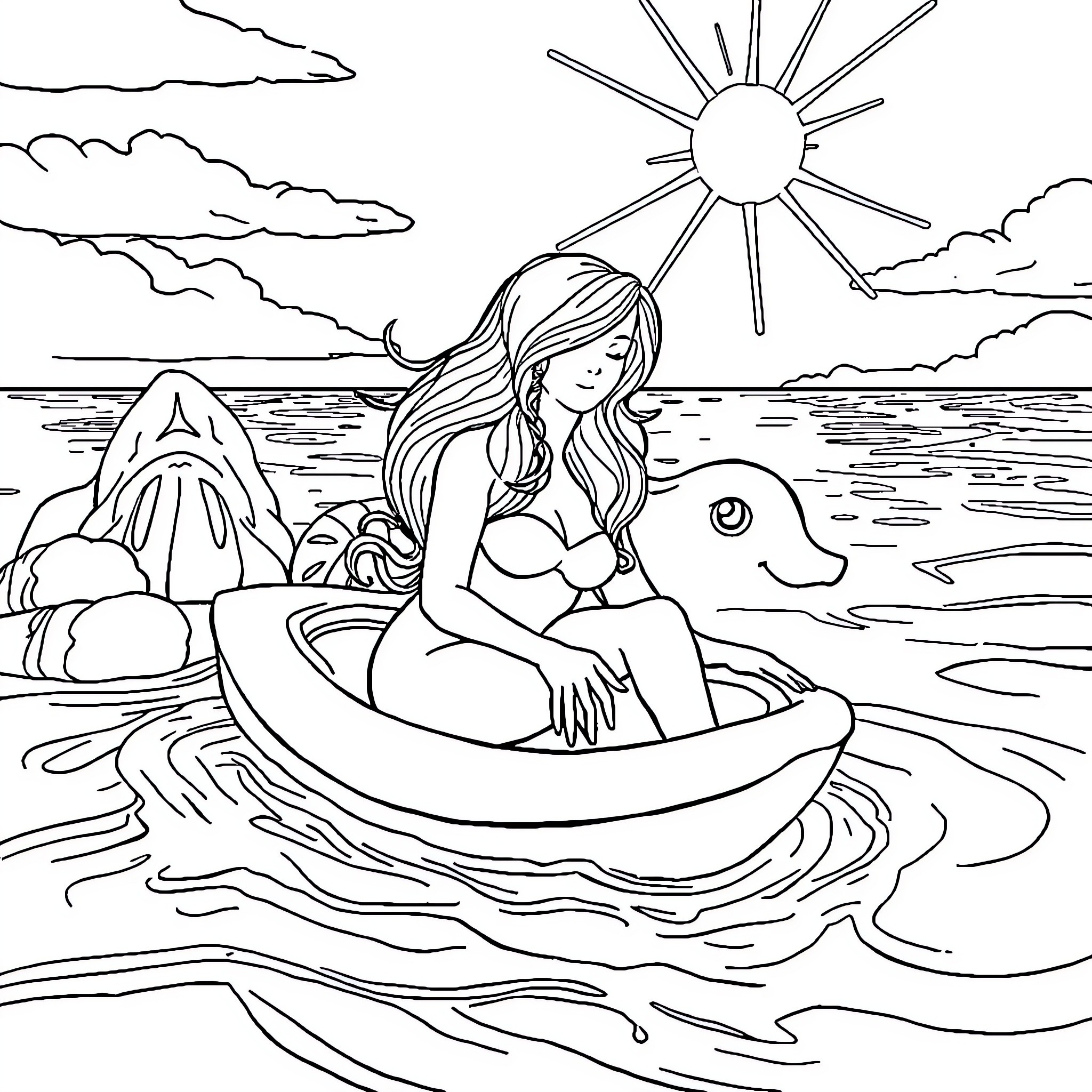 Pili's Peaceful Moment with Dolphin at the Seaside Coloring Page (free black-and-white line drawing printable PDF for all, from beginners to advanced learners, including children, teens, adults, and seniors)