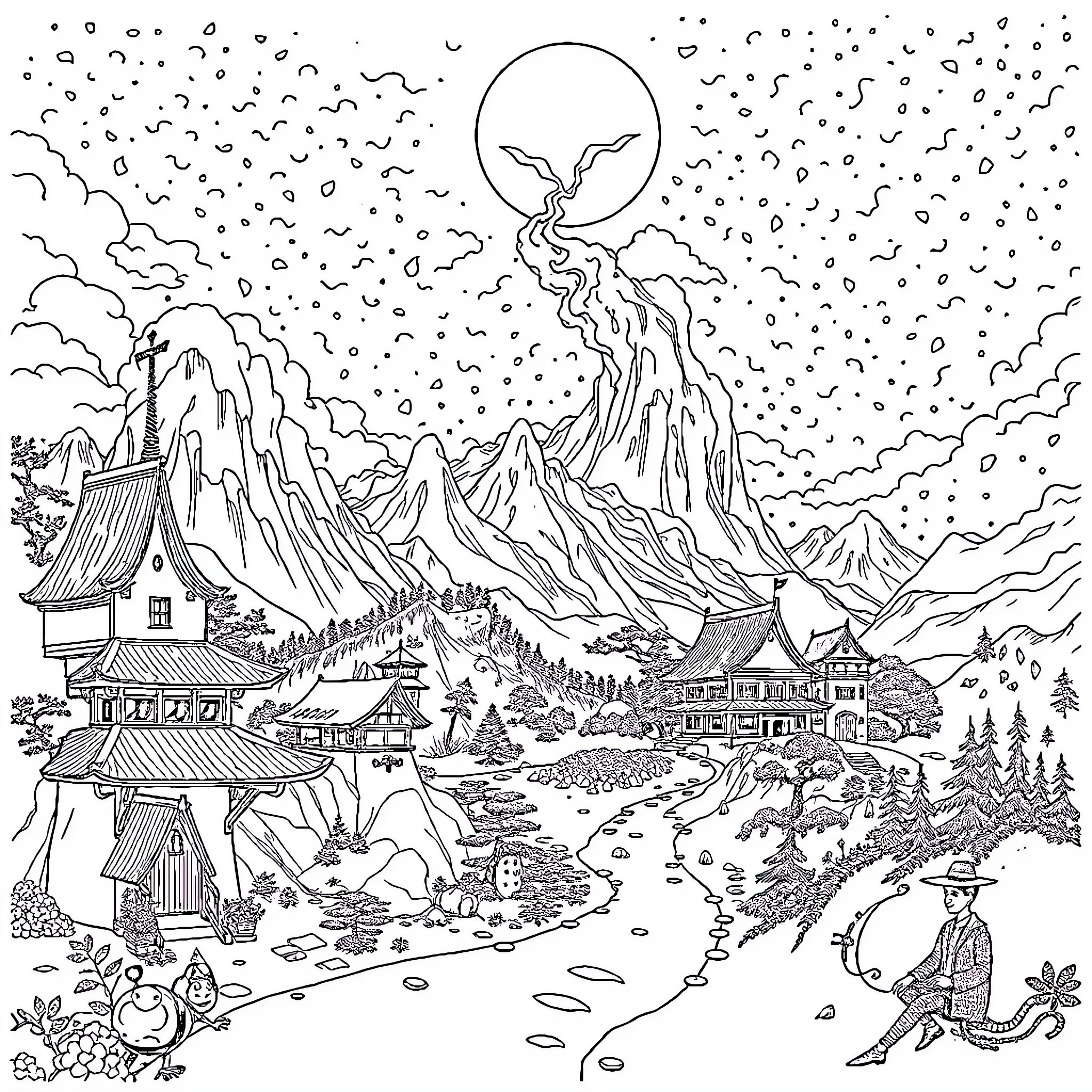 Ghibli Fantasy Mountain Village in Winter Wonderland Coloring Page (free black-and-white line drawing printable PDF for all, from beginners to advanced learners, including children, teens, adults, and seniors)