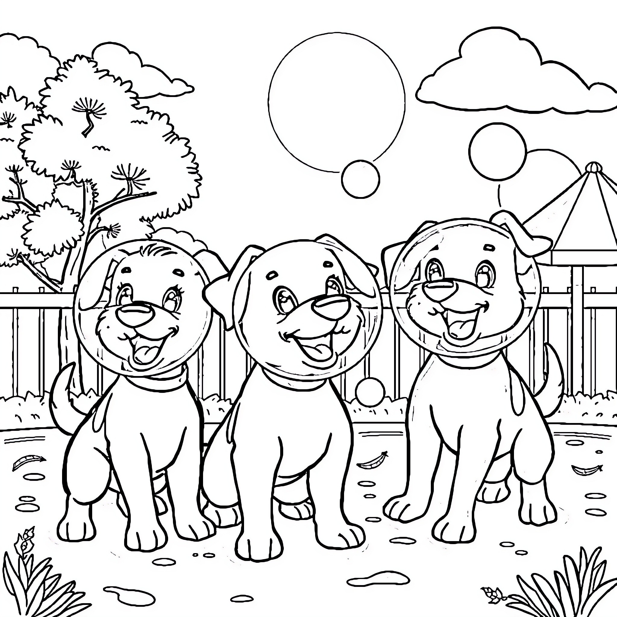 Dog friends playing happily outdoors Coloring Page (free black-and-white line drawing printable PDF for all, from beginners to advanced learners, including children, teens, adults, and seniors)