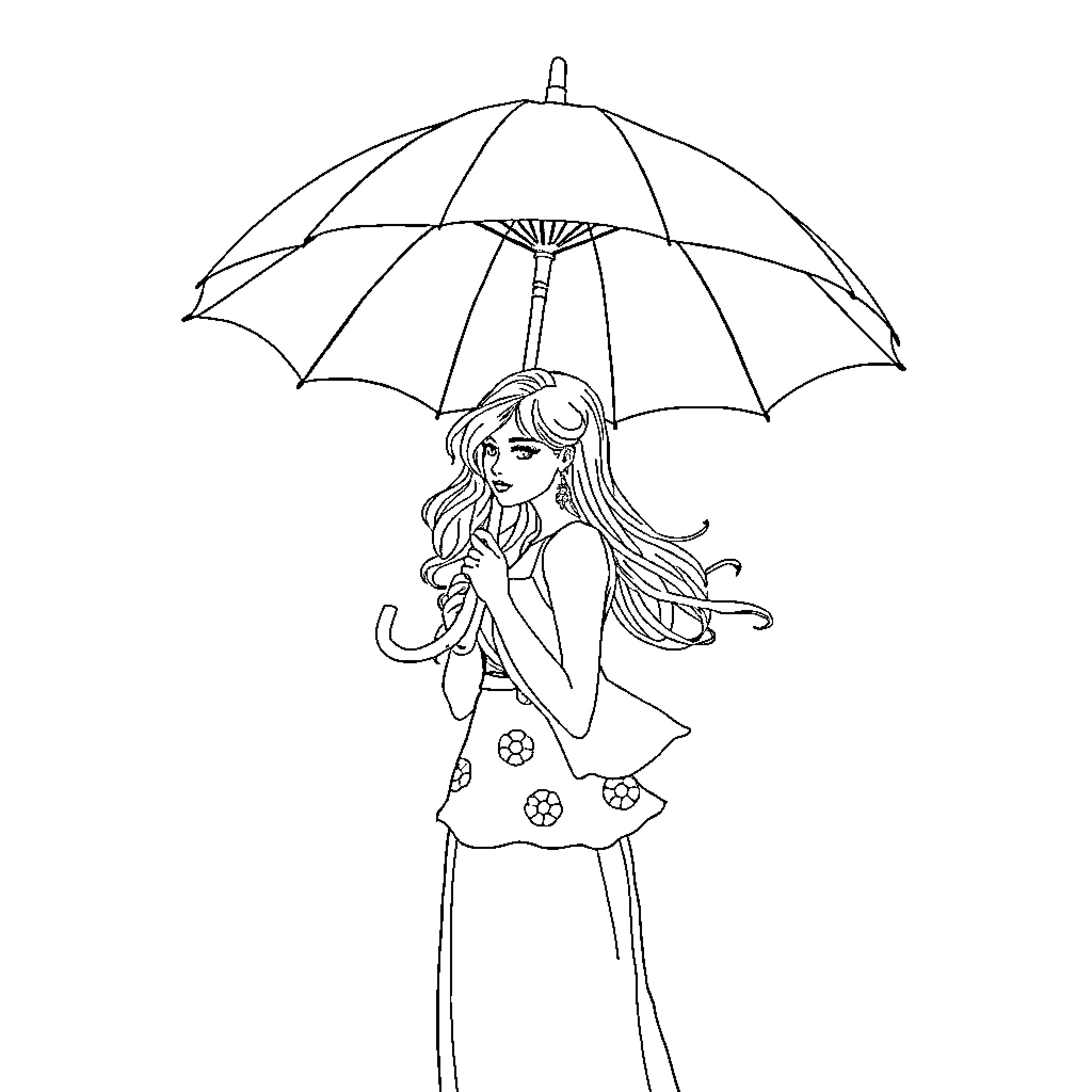 Violet Evergarden with an umbrella in the rain Coloring Page (free black-and-white line drawing printable PDF for all, from beginners to advanced learners, including children, teens, adults, and seniors)