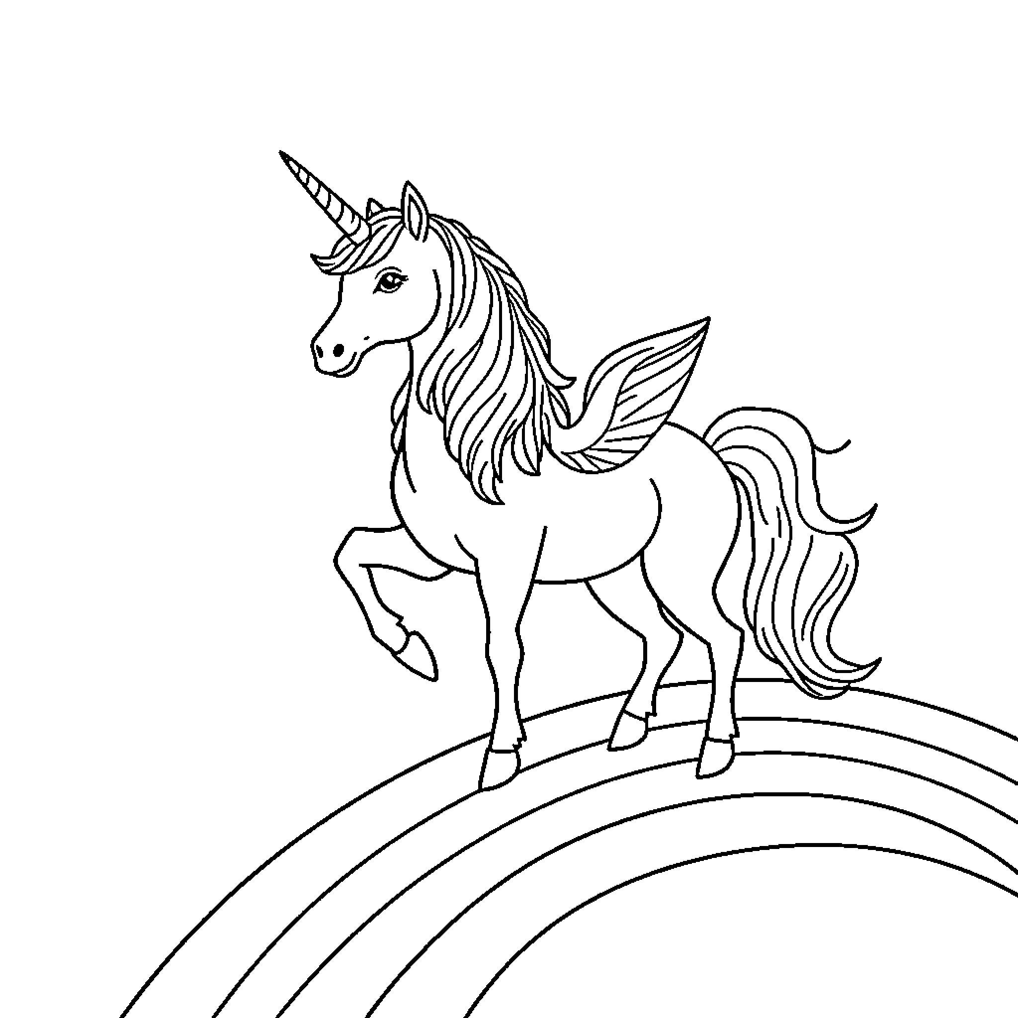 Unicorn prancing on a rainbow Coloring Page (free black-and-white line drawing printable PDF for all, from beginners to advanced learners, including children, teens, adults, and seniors)