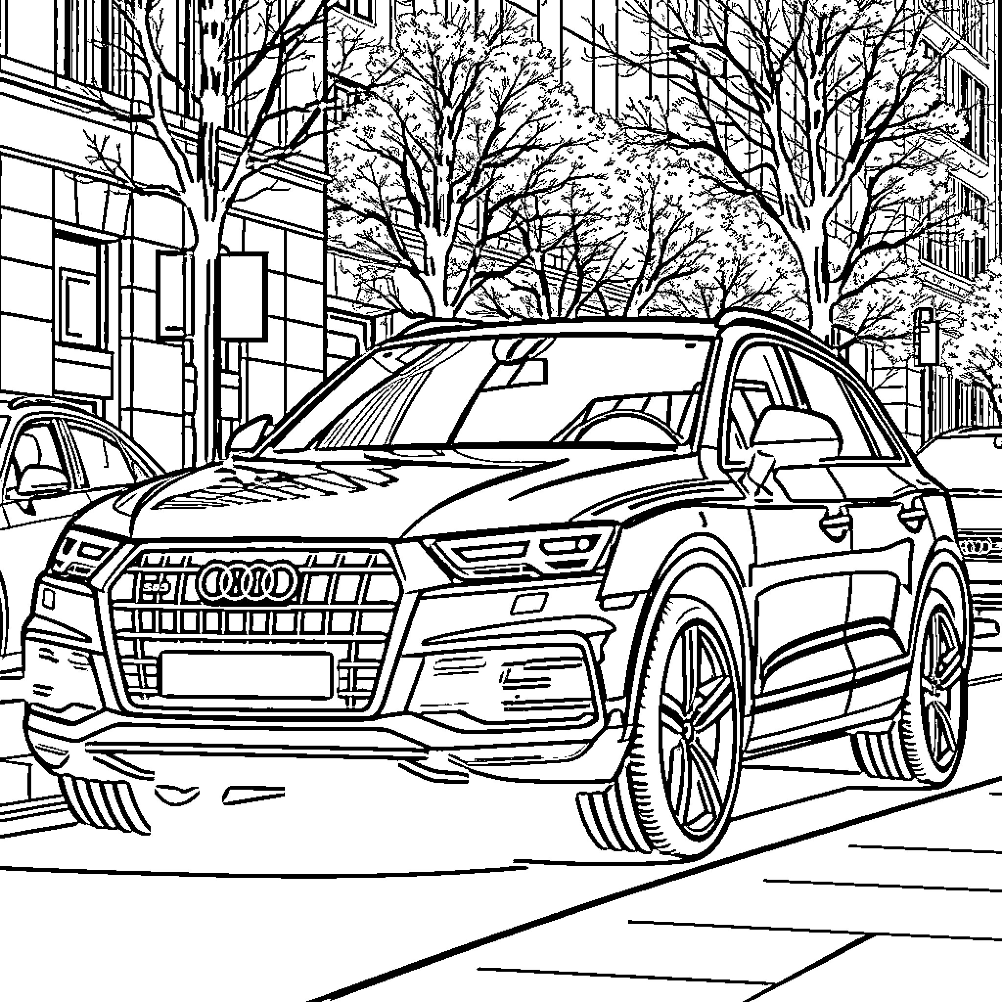 Audi SUV on city street with trees Coloring Page (free black-and-white line drawing printable PDF for all, from beginners to advanced learners, including children, teens, adults, and seniors)