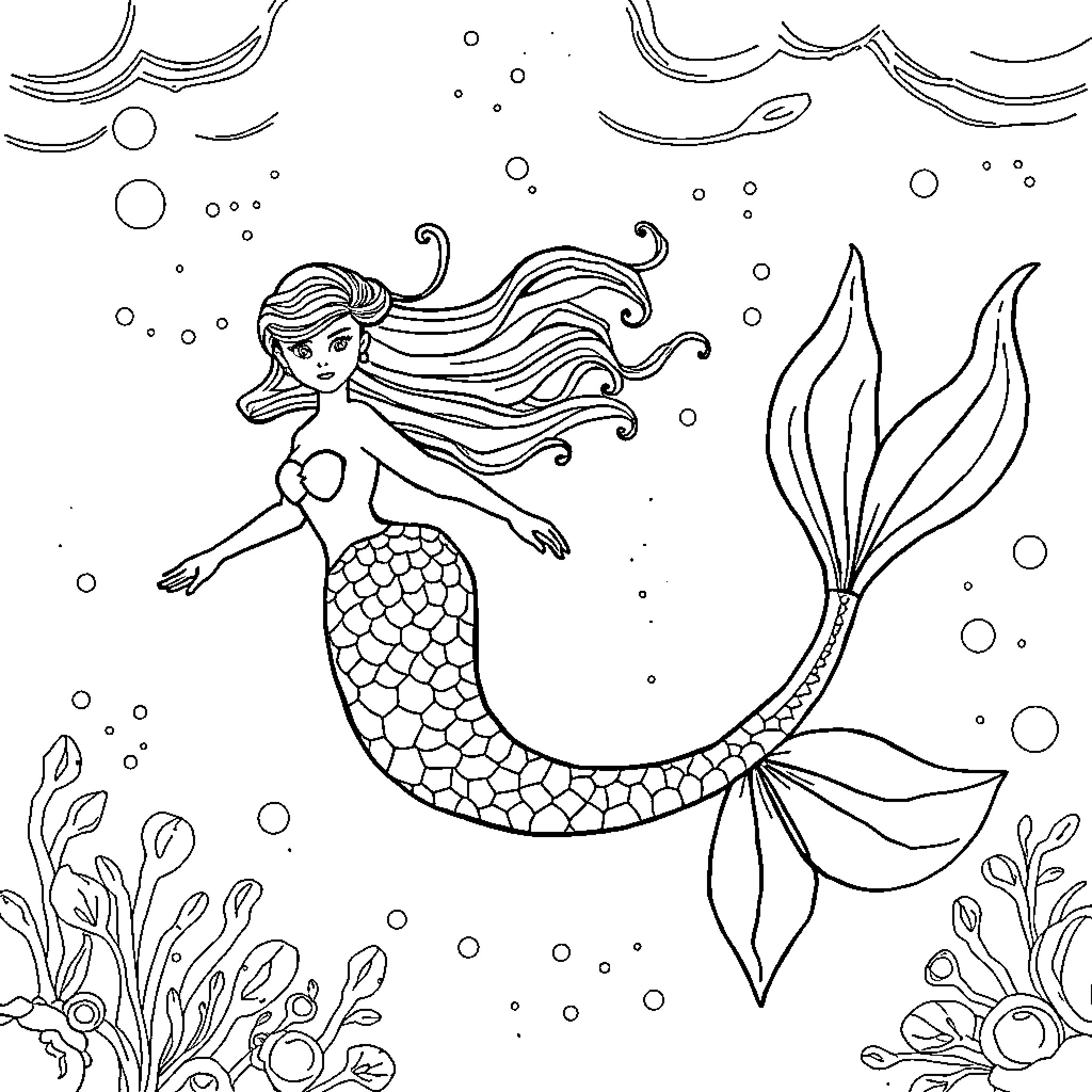 Mermaid swimming gracefully in the underwater world Coloring Page (free black-and-white line drawing printable PDF for all, from beginners to advanced learners, including children, teens, adults, and seniors)