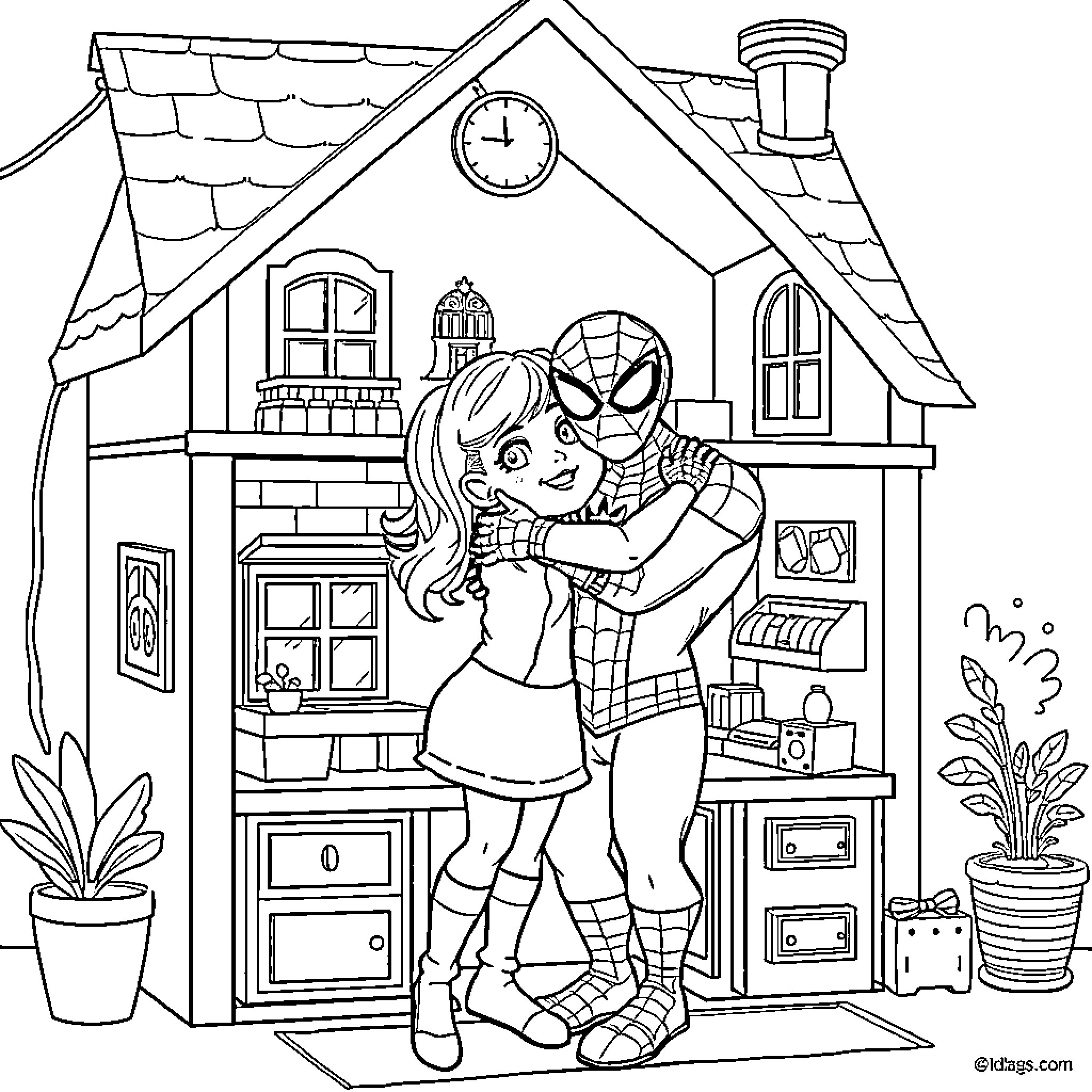 Gabby's Dollhouse characters sharing a warm hug Coloring Page (free black-and-white line drawing printable PDF for all, from beginners to advanced learners, including children, teens, adults, and seniors)