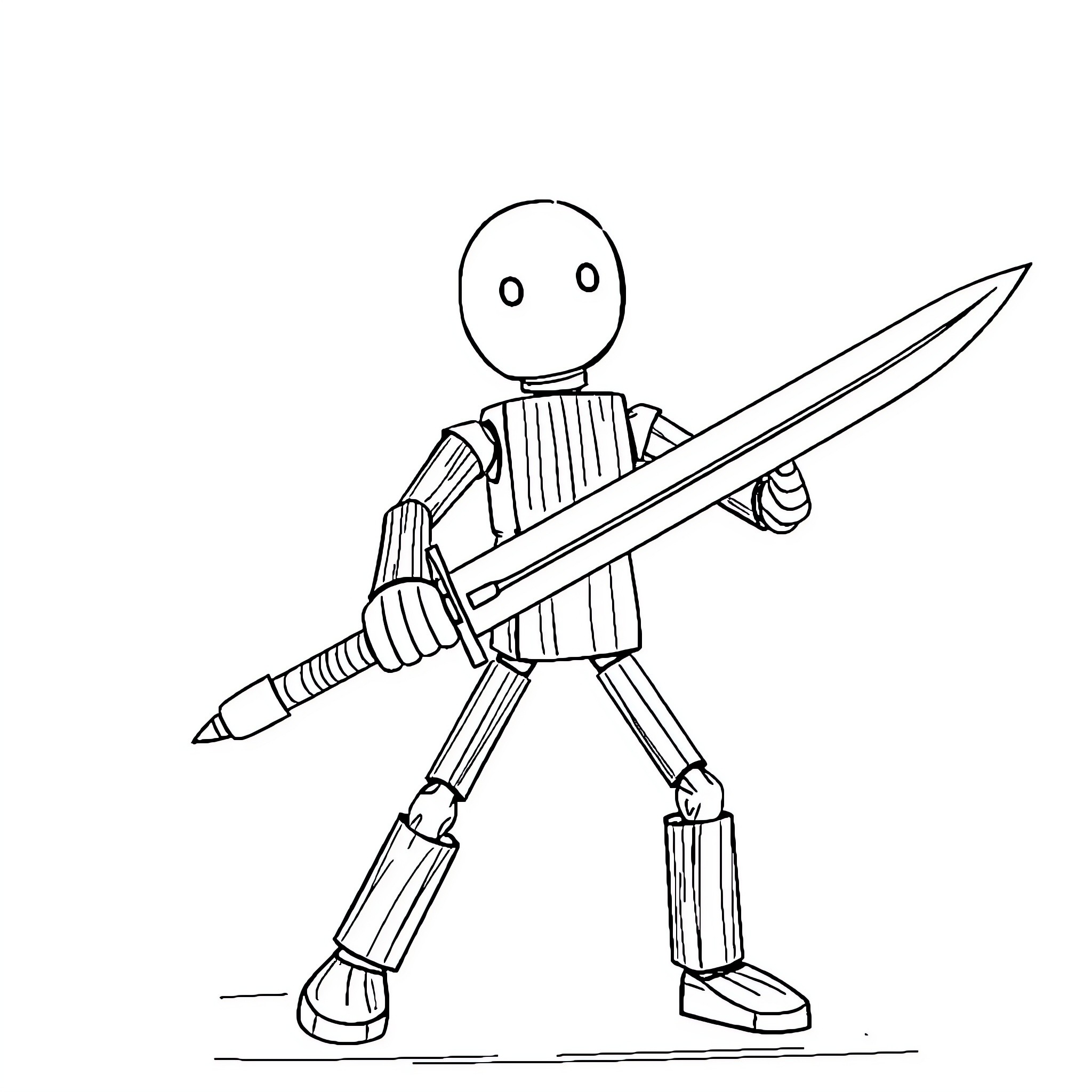 Art Doll Holding a Sword in Battle Stance Coloring Page (free black-and-white line drawing printable PDF for all, from beginners to advanced learners, including children, teens, adults, and seniors)