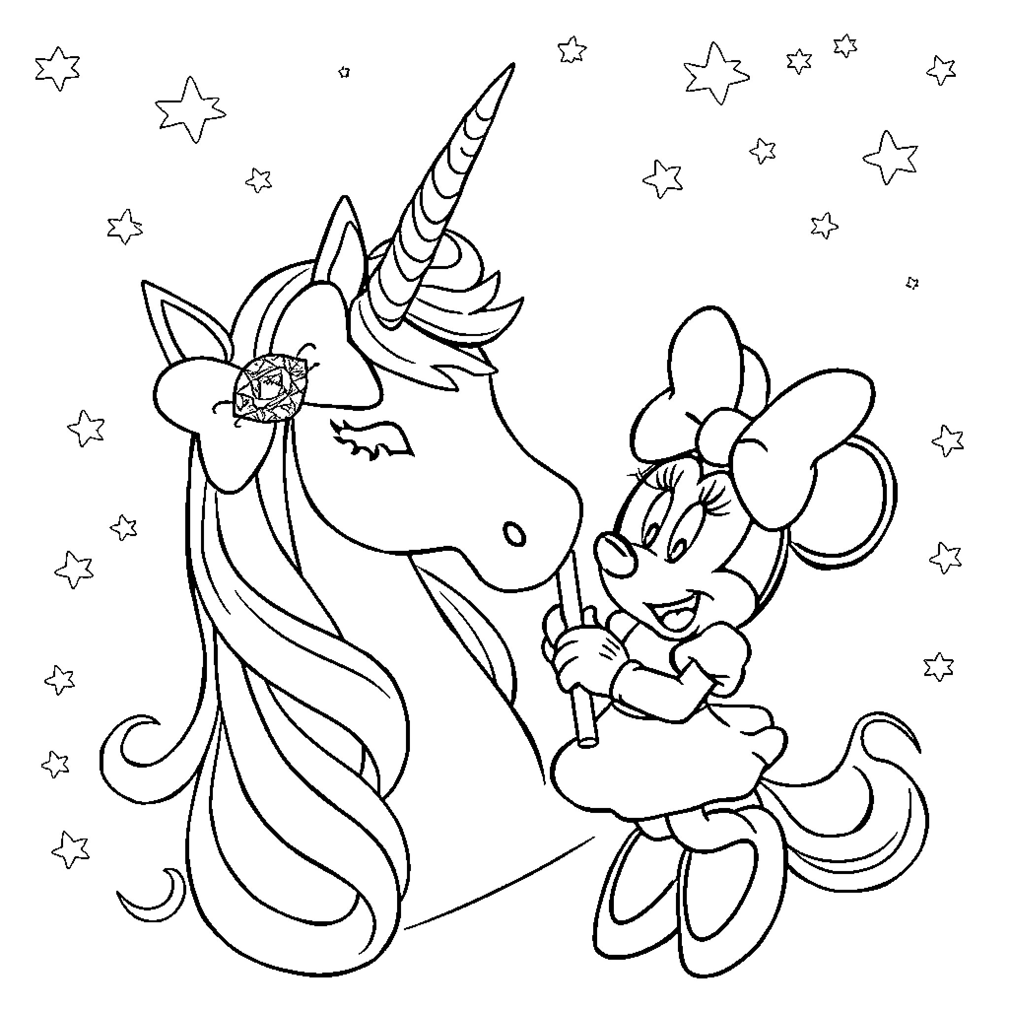 Unicorn and Minnie Mouse in Magical Wonderland Coloring Page (free black-and-white line drawing printable PDF for all, from beginners to advanced learners, including children, teens, adults, and seniors)