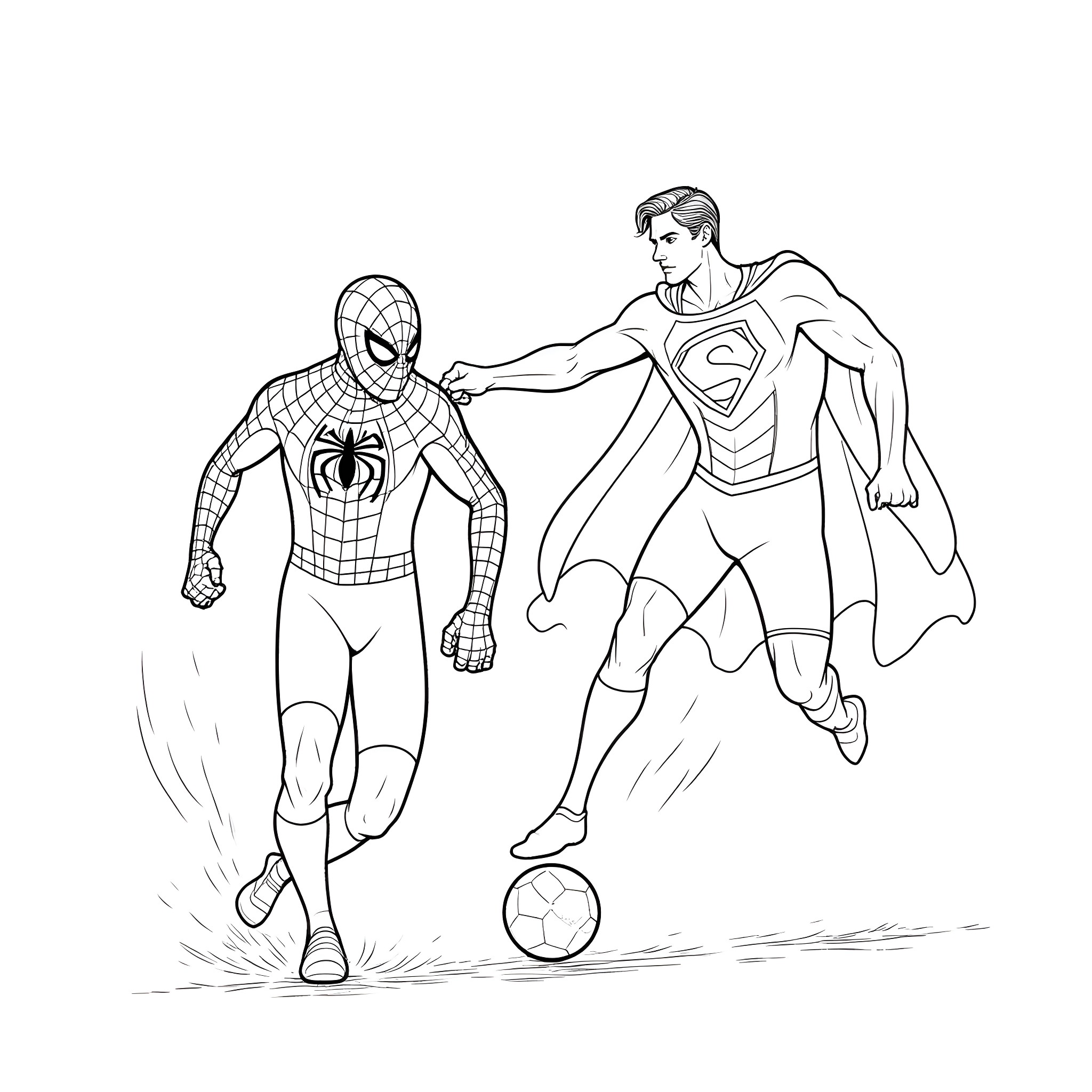 Spider-Man and Superman playing soccer together Coloring Page (free black-and-white line drawing printable PDF for all, from beginners to advanced learners, including children, teens, adults, and seniors)