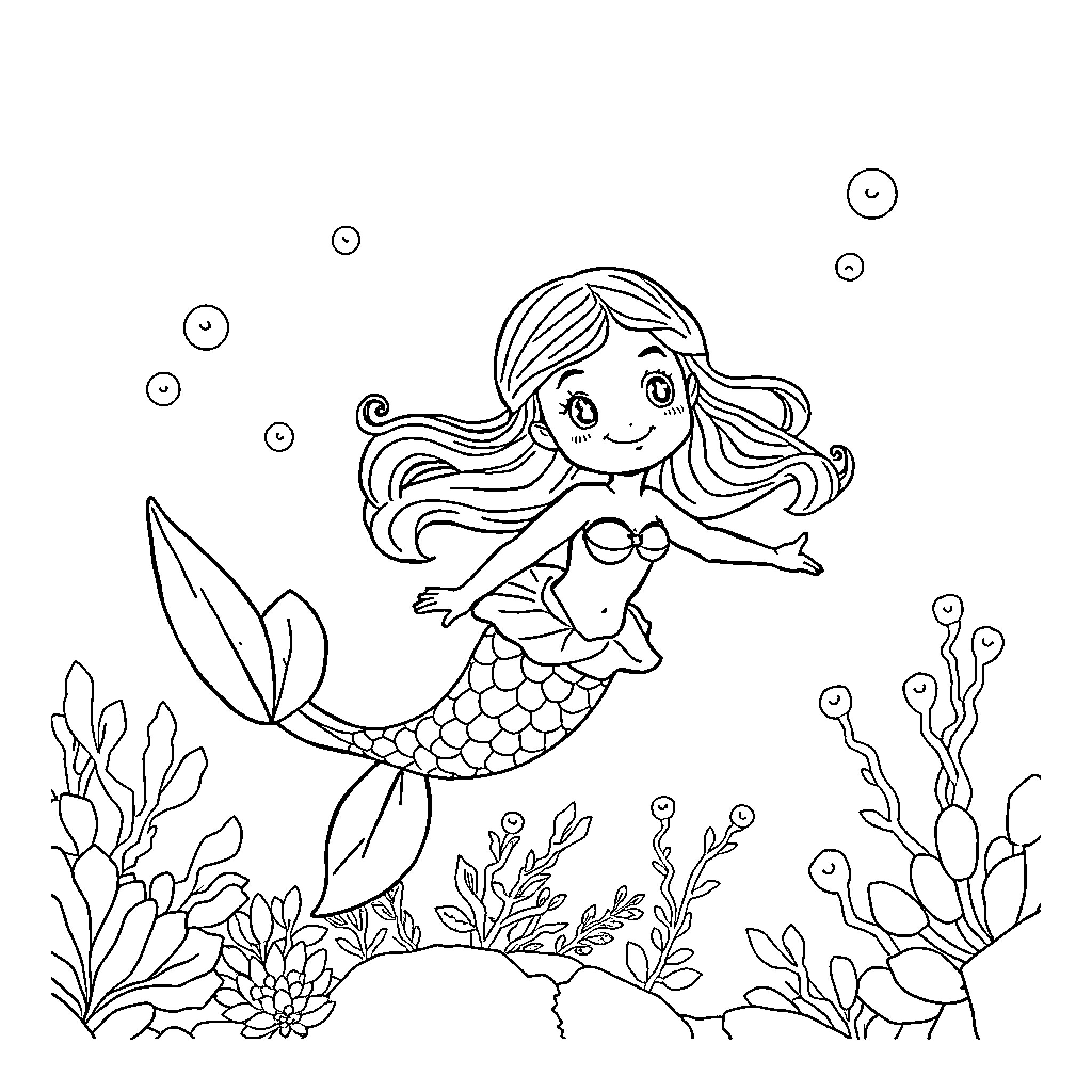 Mermaid exploring the underwater world Coloring Page (free black-and-white line drawing printable PDF for all, from beginners to advanced learners, including children, teens, adults, and seniors)