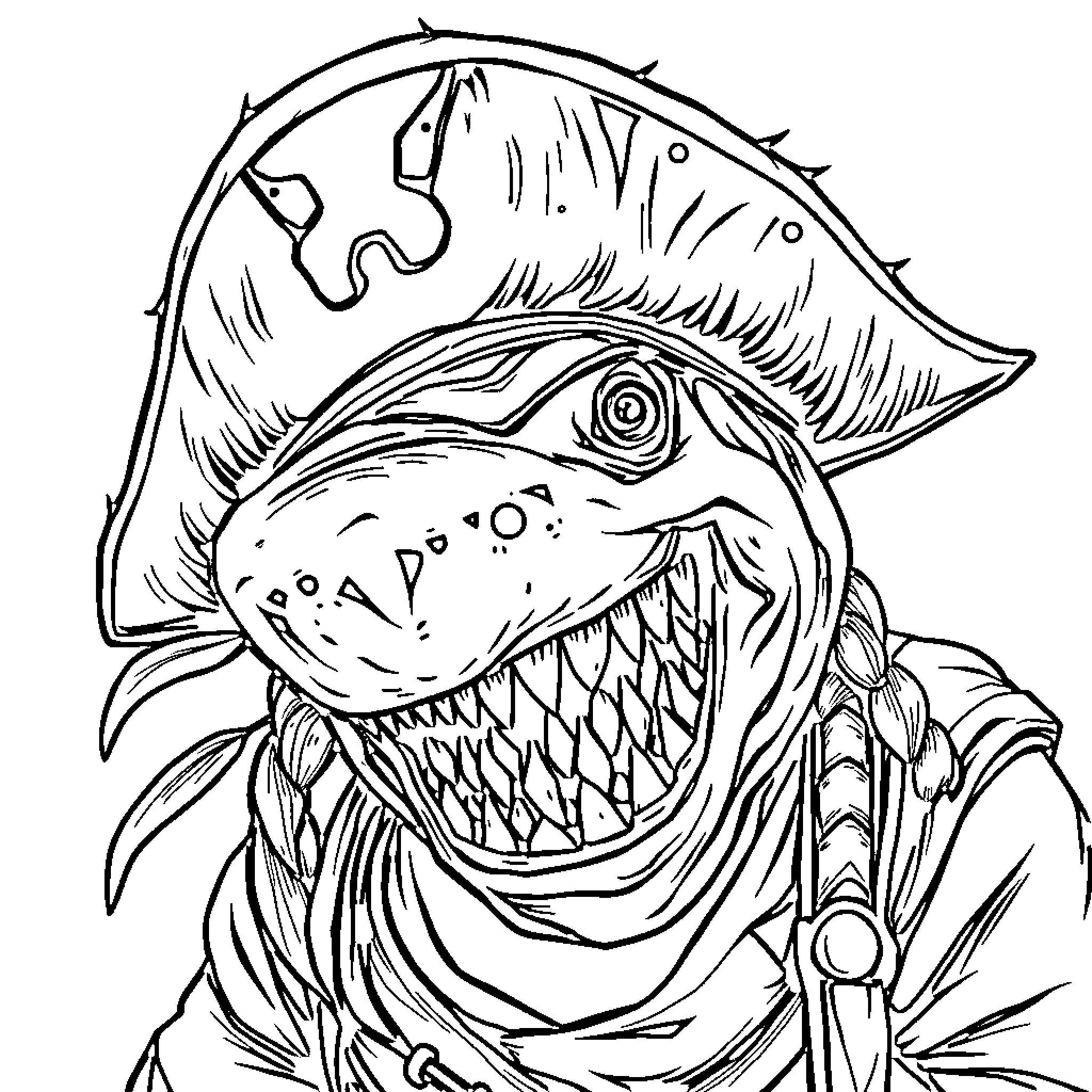 Shark pirate with eye patch and sharp teeth Coloring Page (free black-and-white line drawing printable PDF for all, from beginners to advanced learners, including children, teens, adults, and seniors)