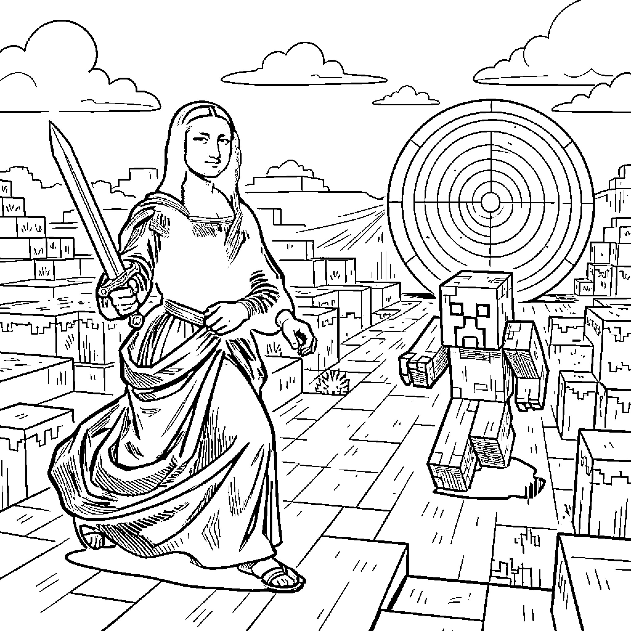 Mona Lisa holding a sword in a blocky landscape Coloring Page (free black-and-white line drawing printable PDF for all, from beginners to advanced learners, including children, teens, adults, and seniors)
